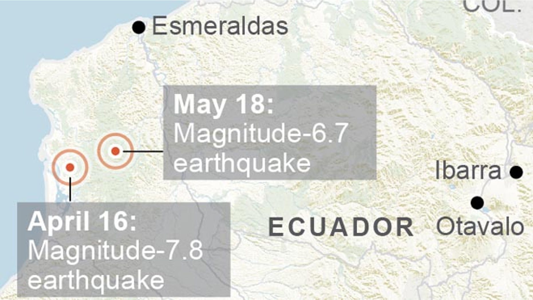 Map locates magnitude-6.7 and magnitude-7.8 quakes in Ecuador; 2c x 3 inches; 96.3 mm x 76 mm;