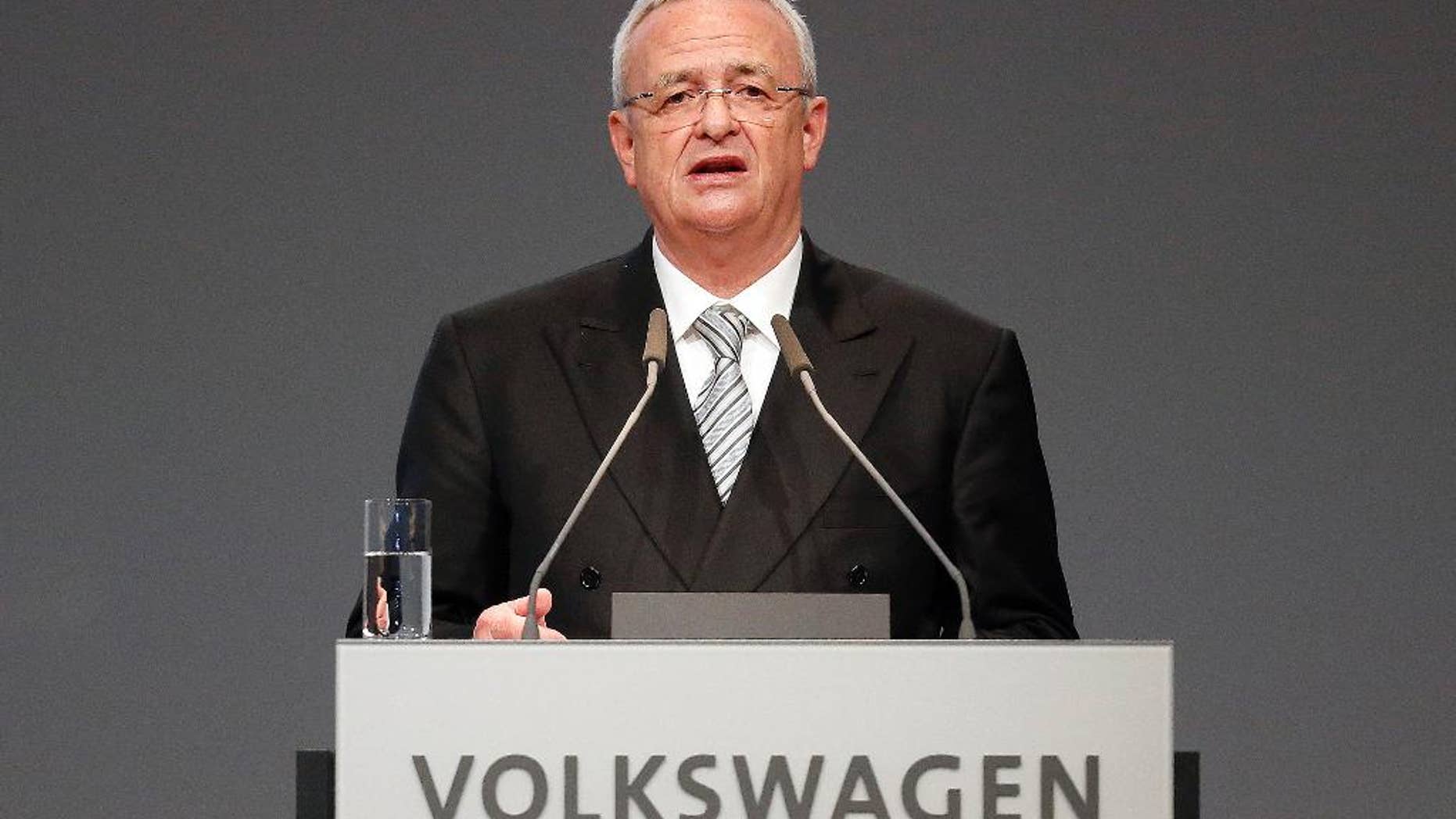 FILE - In a Tuesday, May 5, 2015 file photo, Volkswagen CEO Martin Winterkorn addresses the shareholders during the annual shareholder meeting of the car manufacturer Volkswagen in Hannover, Germany. Winterkorn apologized Sunday, Sept. 20, 2015, after the Environmental Protection Agency said the German automaker skirted clean air rules by rigging emissions tests for about 500,000 diesel cars. "I personally am deeply sorry that we have broken the trust of our customers and the public," Volkswagen chief Martin Winterkorn said in a statement. (AP Photo/Frank Augstein, File)