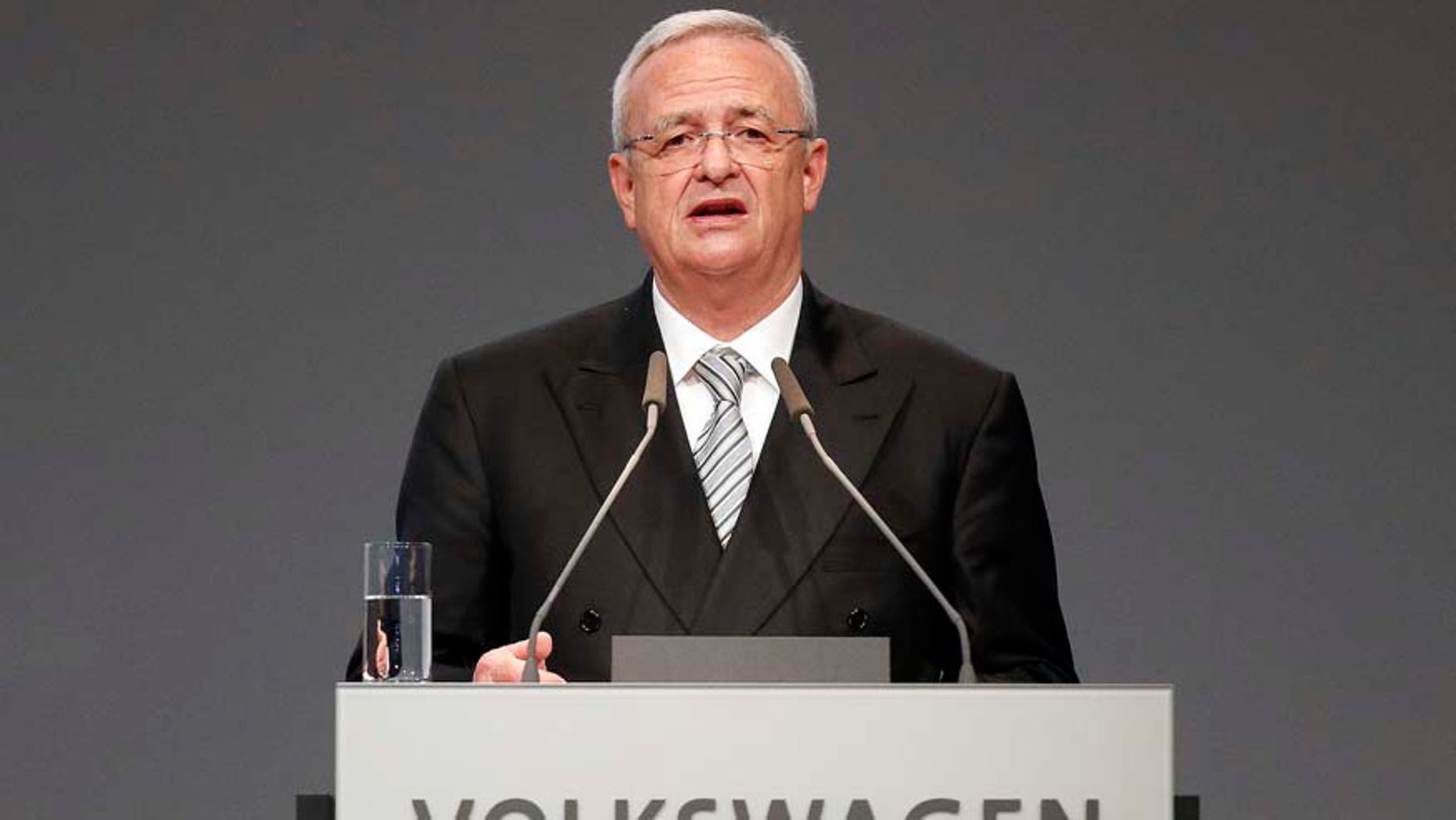 FILE - In a Tuesday, May 5, 2015 file photo, Volkswagen CEO Martin Winterkorn addresses the shareholders during the annual shareholder meeting of the car manufacturer Volkswagen in Hannover, Germany. Winterkorn apologized Sunday, Sept. 20, 2015, after the Environmental Protection Agency said the German automaker skirted clean air rules by rigging emissions tests for about 500,000 diesel cars. "I personally am deeply sorry that we have broken the trust of our customers and the public," Volkswagen chief Martin Winterkorn said in a statement. (AP Photo/Frank Augstein, File)