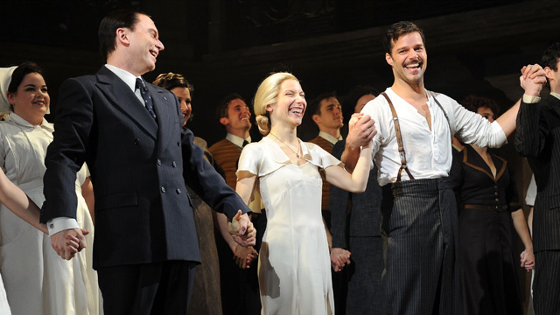 March 12, 2012: Actors Michael Cerveris, Elena Roger and Ricky Martin attend the Broadway revival curtain call and press conference at the Marriott Marquis Hotel in New York City.