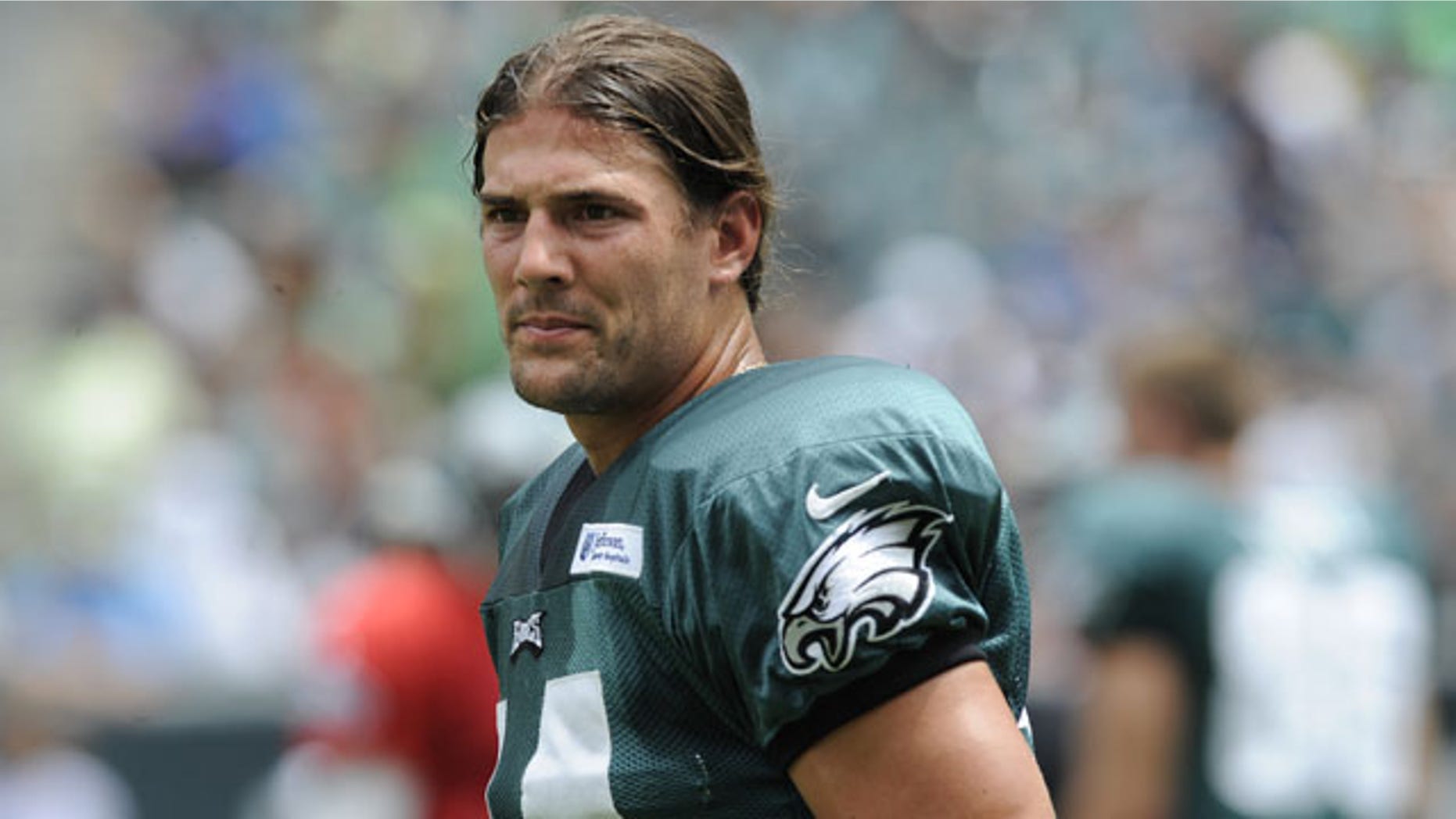 July 28, 2013: Philadelphia Eagles wide receiver Riley Cooper pauses during the NFL football team's training camp in Philadelphia. (AP Photo)