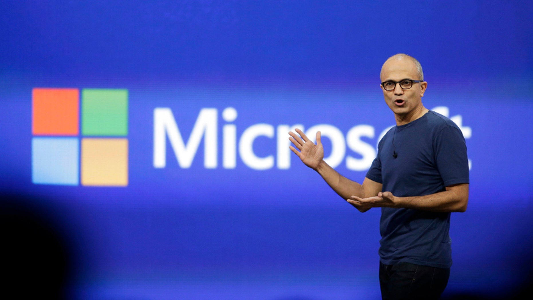 In this April 2, 2014 file photo, Microsoft CEO Satya Nadella gestures during the keynote address of the Build Conference in San Francisco.