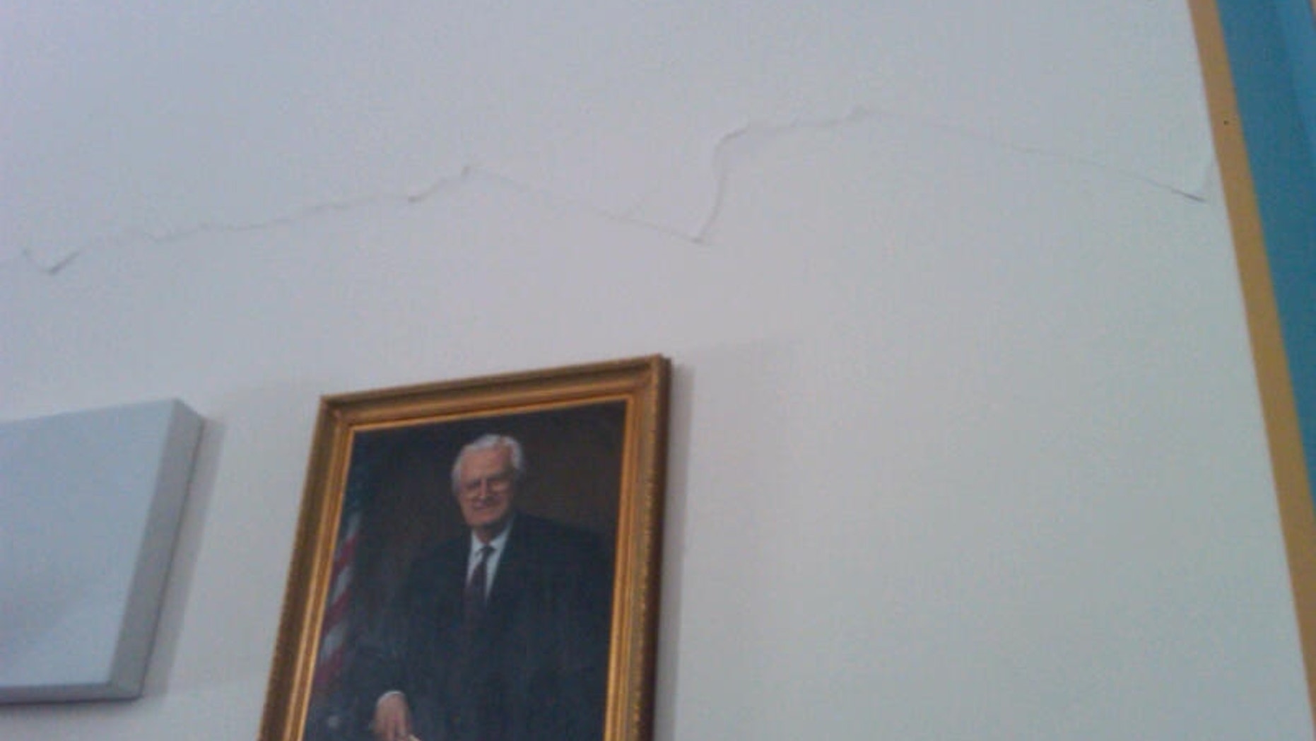 Cracks are visible in the walls of the House Judiciary Committee hearing room in the Rayburn House Office Building. (Fox News Photo/Chad Pergram)