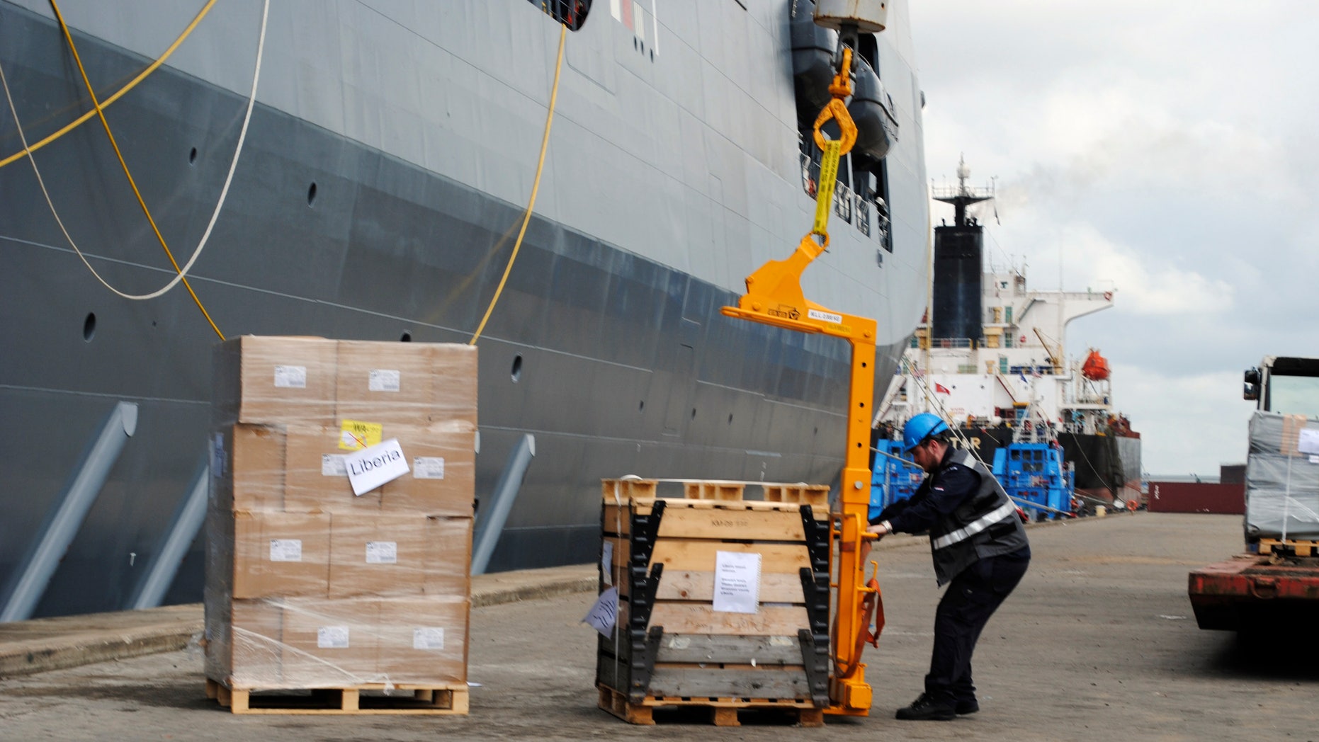 A workers unloads emergency health supplies provided by the Netherlands to aid in the fight against the Ebola virus at the port of Liberia in Monrovia November 24, 2014. REUTERS/James Giahyue