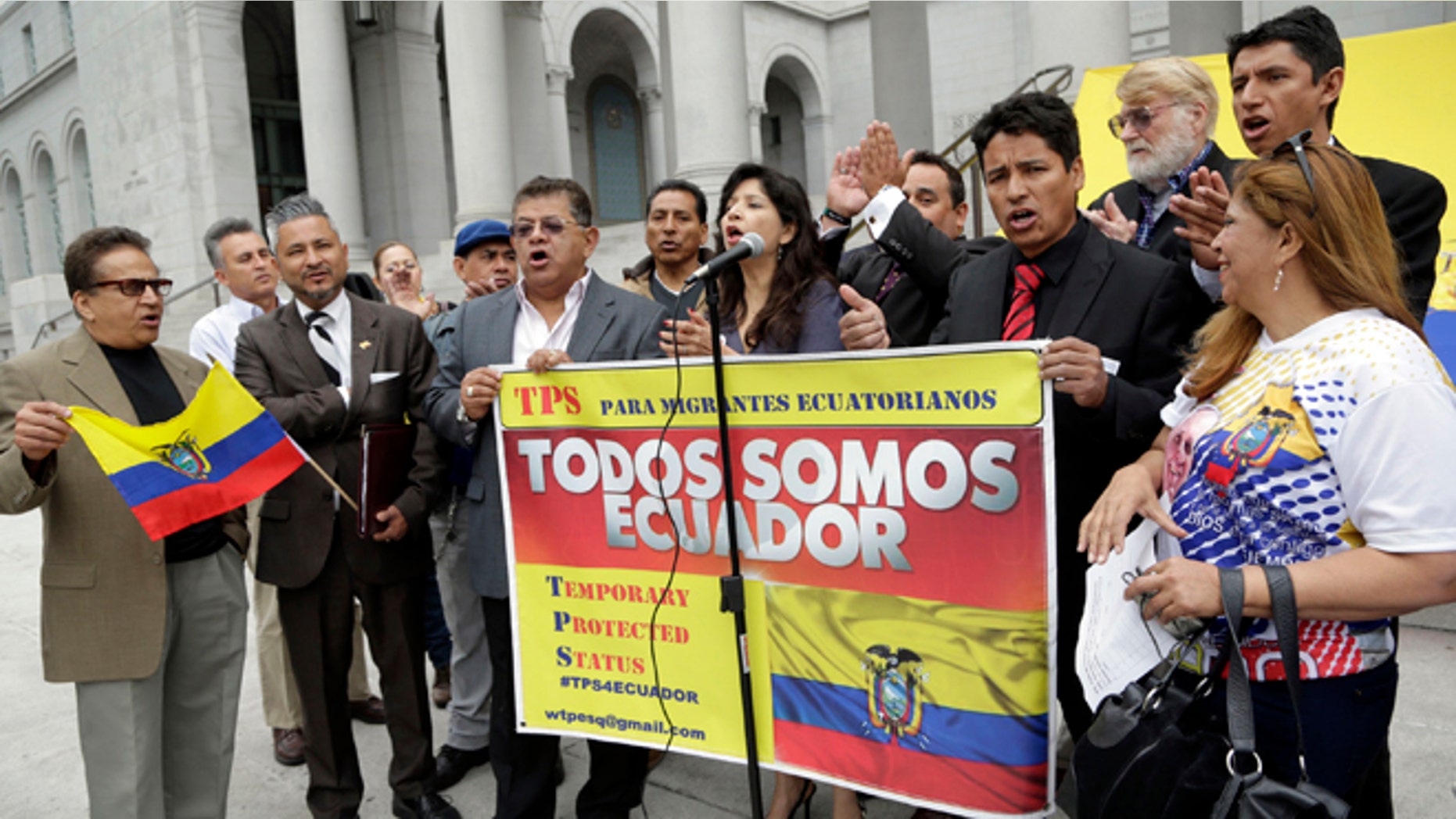 Ecuadorean immigrants demonstrate to ask the Barack Obama administration to allow their fellow citizens living in the United States illegally to stay here and work while the South American country recovers from a magnitude-7.8 earthquake, at a rally on the steps of Los Angeles City Hall Wednesday, May 4, 2016. More than 300,000 people from countries including Haiti, Nicaragua and Somalia have temporary protected status, according to U.S. government estimates. (AP Photo/Nick Ut)