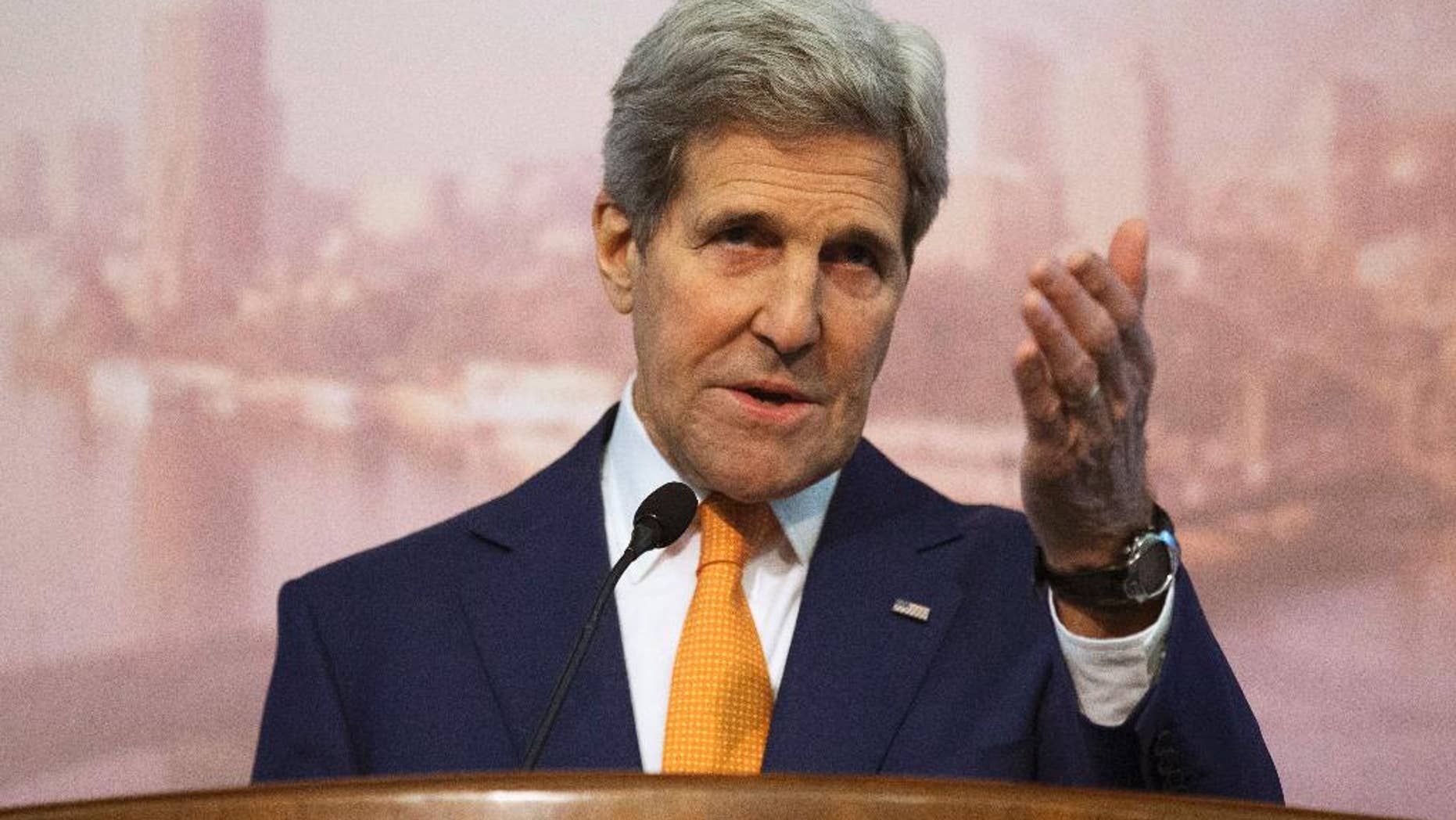 U.S. Secretary of State John Kerry speaks to a meeting of the American Chamber of Commerce in Egypt in Sharm el-Sheikh Friday, March 13, 2015. Kerry delivered words of encouragement for Egypt's efforts to attract greater foreign investment, but no new military assistance as demanded by the country's president. (AP Photo/Brian Snyder, Pool)