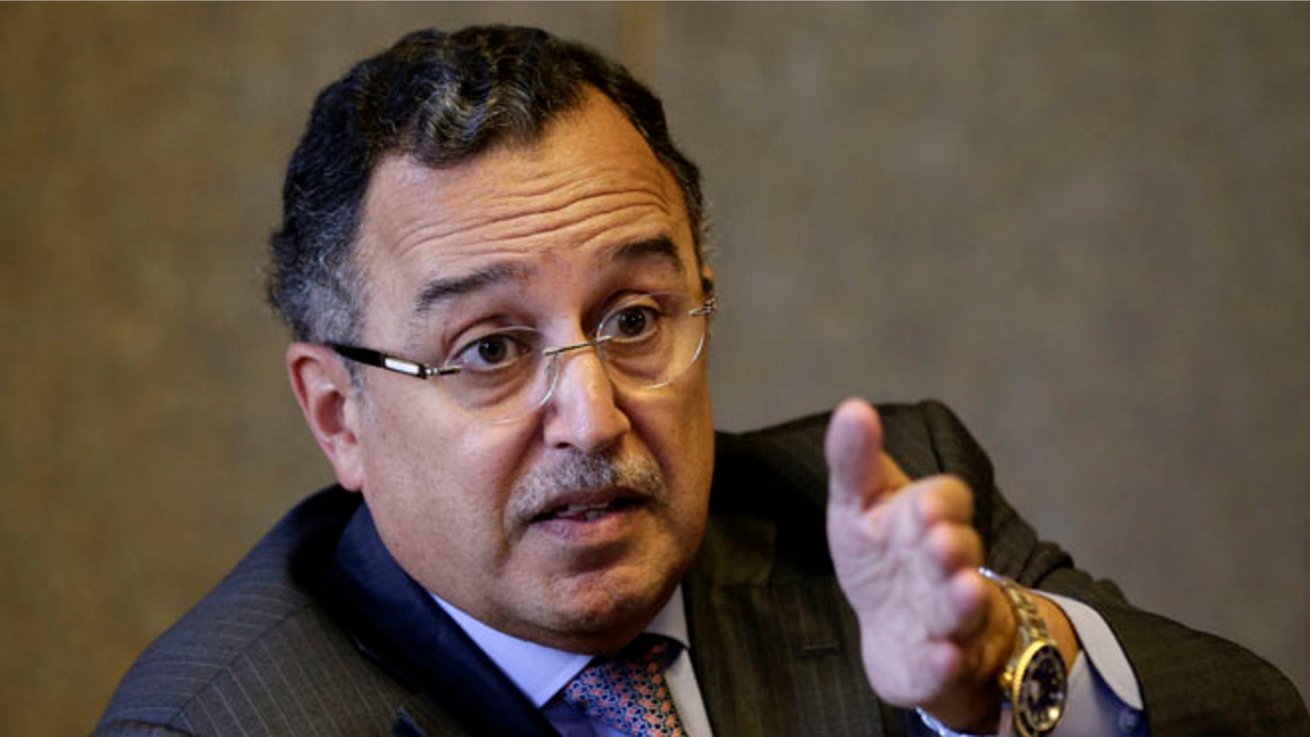 FILE - In this Saturday, Aug. 3, 2013 file photo, Egypt's Foreign Minister Nabil Fahmy speaks during a meeting with foreign media in Cairo, Egypt. Egypts foreign minister said on Thursday that Russia was too important to be a substitute for the United States as Cairos foreign ally and backer. (AP Photo/Hassan Ammar, File)