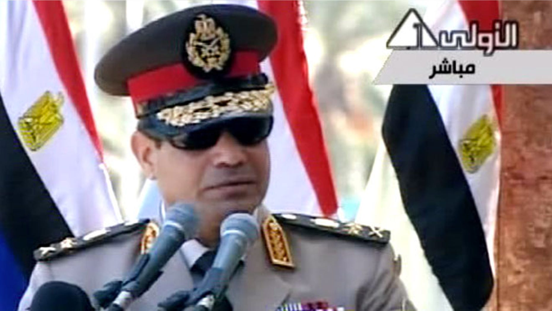 July 24, 2013: In this image taken from Egypt State TV, Egyptian Defense Minister Gen. Abdel-Fattah el-Sissi delivers a speech in Cairo, Egypt.