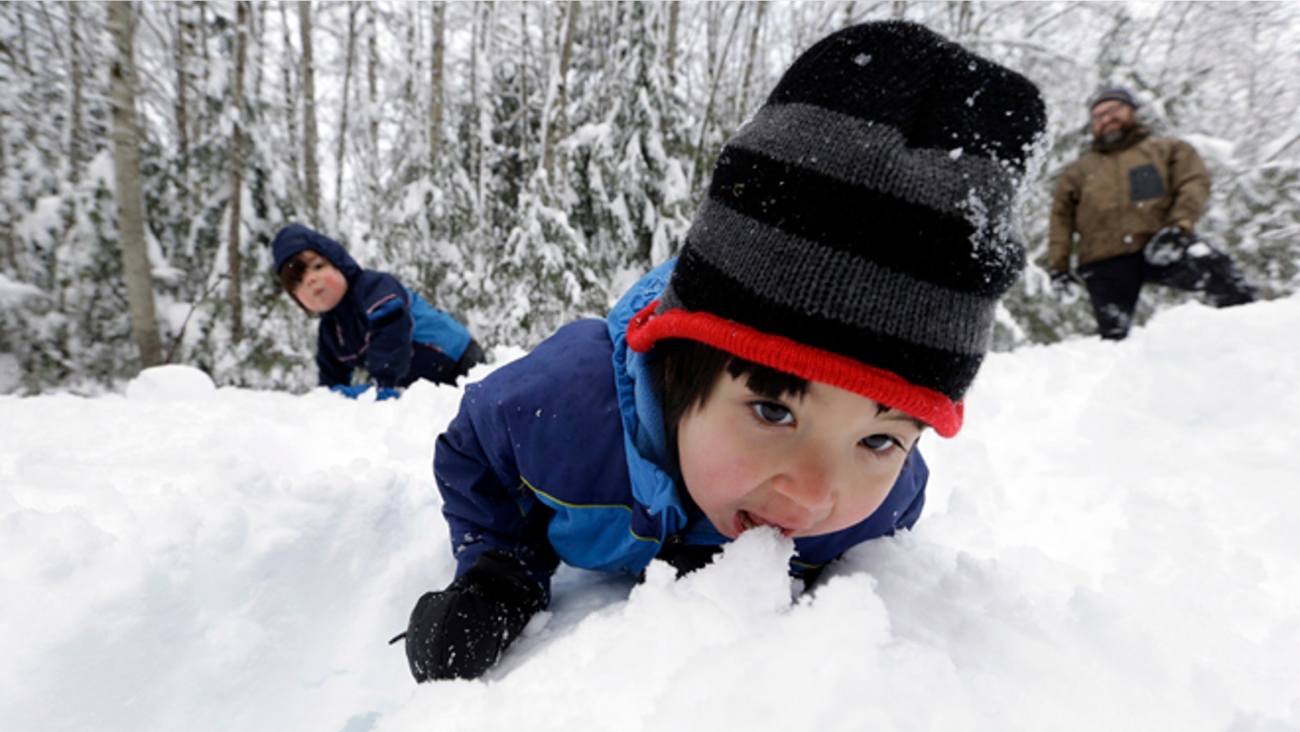 Leon Perkins, 3, leans forward to take a bite of snow as he plays with his brother Conner, left, 2, and his father Erin, Tuesday, Dec. 22, 2015, at Snoqualmie Pass, Wash. The Seattle family headed to the mountains Tuesday to enjoy the new snow that fell overnight. A weather pattern that could be associated with El Nino has turned winter upside-down across the U.S. during a week of heavy holiday travel, bringing spring-like warmth to the Northeast, a risk of tornadoes in the South and so much snow in parts of the West that there are concerns about avalanches. On Christmas Day, it could be warmer in New York City than Los Angeles.(AP Photo/Elaine Thompson)