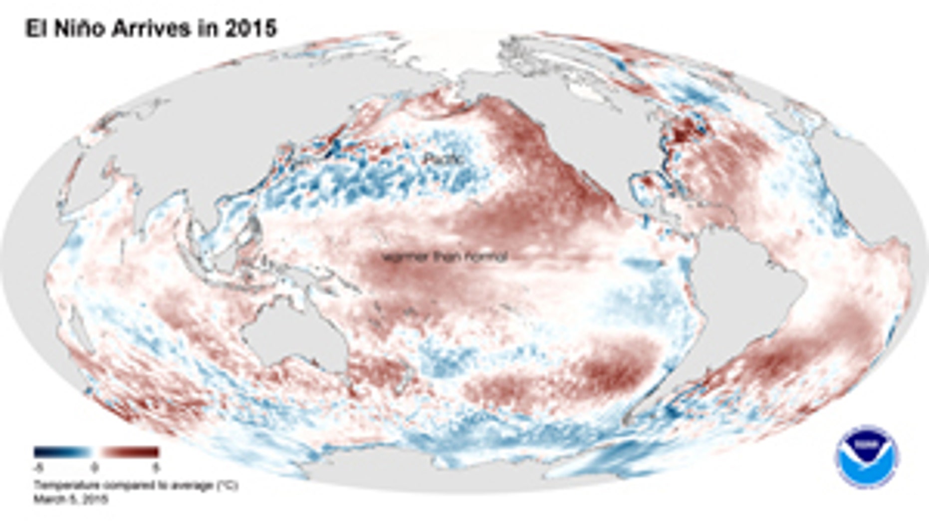 This image shows the average sea surface temperature for February 2015 as measured by NOAA satellites. The large area of red (warmer than average) can be seen extending through the equatorial Pacific.
