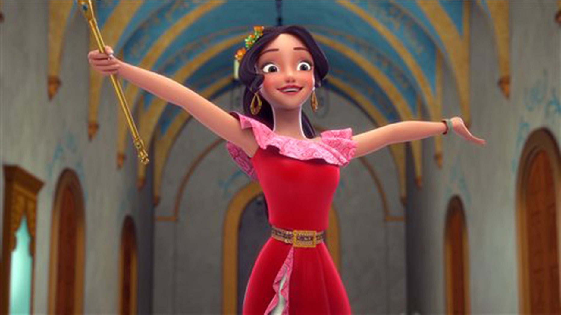 This image released by the Disney Channel shows the character Elena who becomes a crown princess in a scene from, "Elena of Avalor," premiering July 22 on Disney Channel. (Disney Channel via AP)