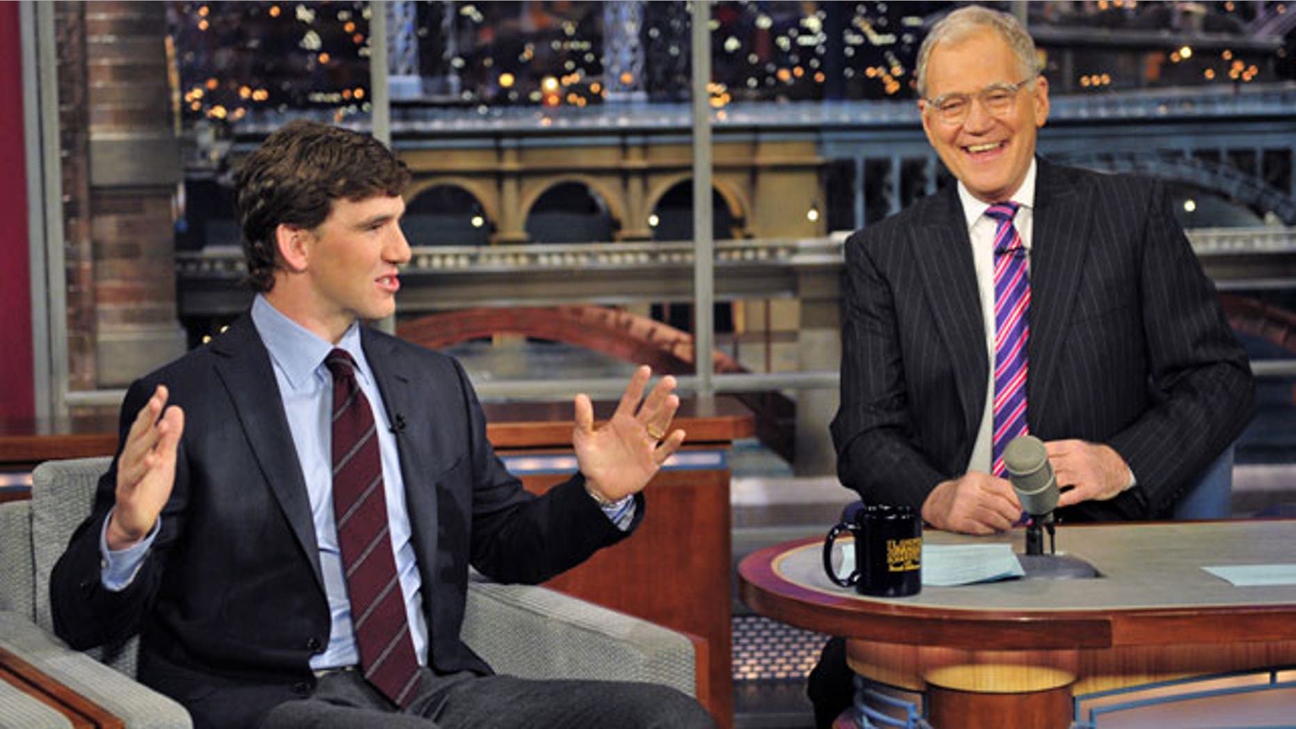 Feb. 6: n this image released by CBS, Super Bowl MVP Eli Manning, of the New York Giants, left, is shown with host David Letterman on "Late Show with David Letterman." (AP)