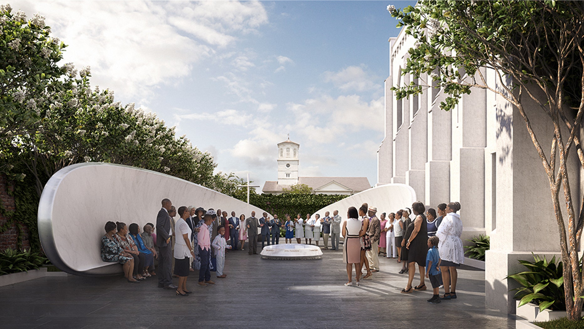 A memorial dedicated to the nine worshipers fatally shot while at Bible study at a Charleston church was unveiled Sunday. The memorial includes a fountain, flanked by two winged benches, that has the names of the Emanuel Nine etched onto it.
