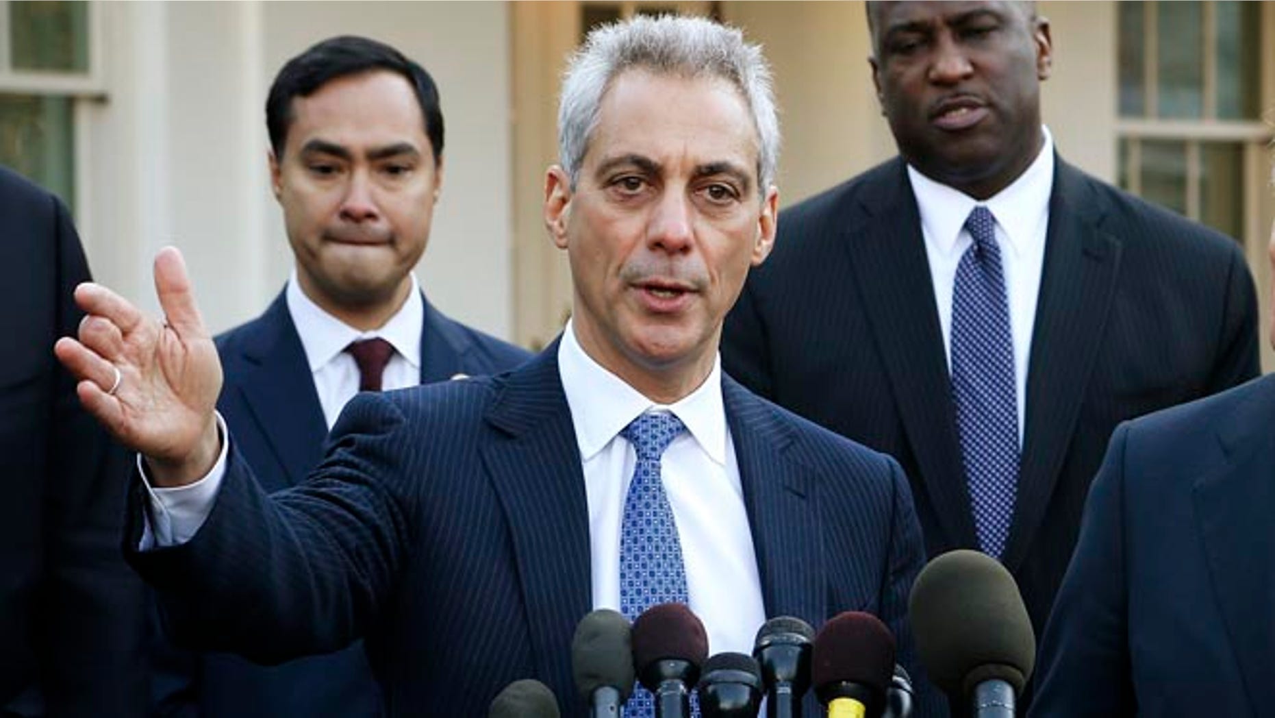 FILE: February 27, 2014: Chicago Mayor Rahm Emanuel at the microphone at the White House, in Washington, D.C.