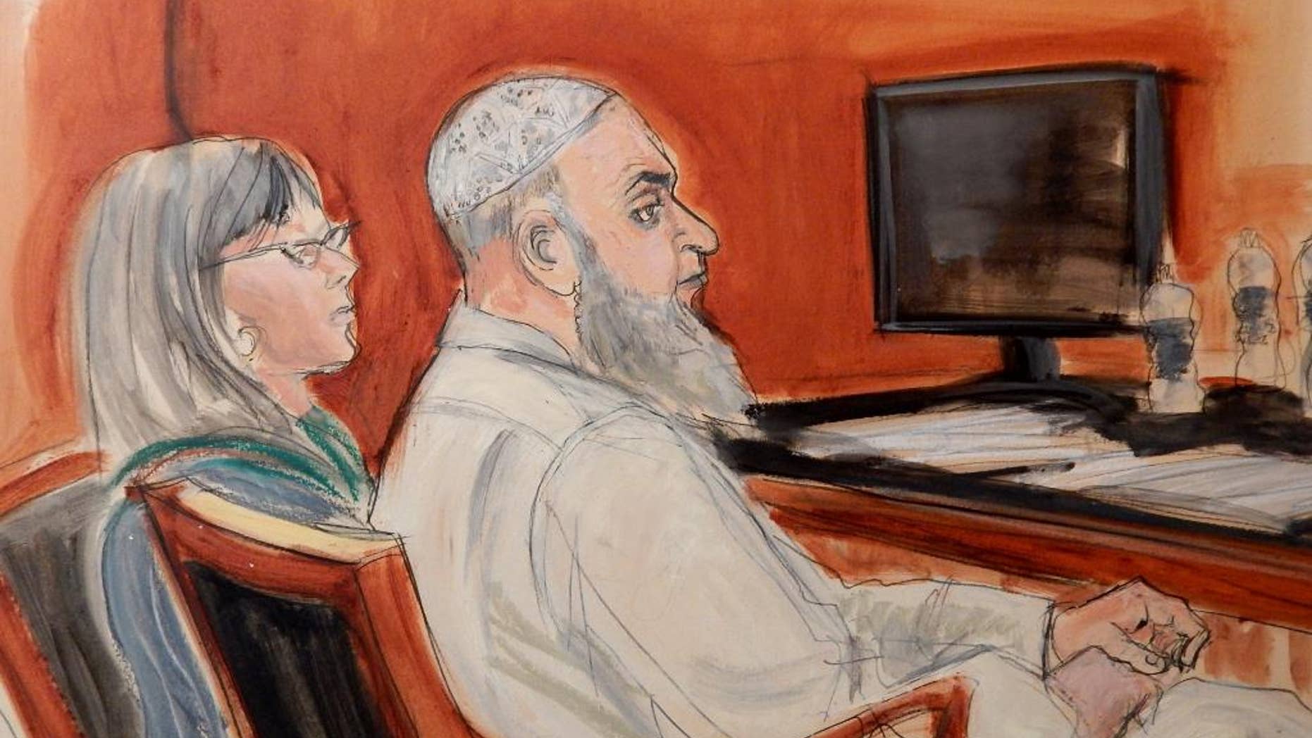 FILE - In this Jan. 20, 2015, file courtroom sketch, Khaled al-Fawwaz, right, a defendant in the 1998 bombings of the U.S. embassies in Kenya and Tanzania that killed 224 people, is seated next to his defense attorney, Barbara O'Connor, during jury selection in Manhattan Federal Court. Al-Fawwaz was convicted Thursday, Feb. 26, 2015, of conspiracy in the bombings of the two embassies. (AP Photo/Elizabeth Williams, File)