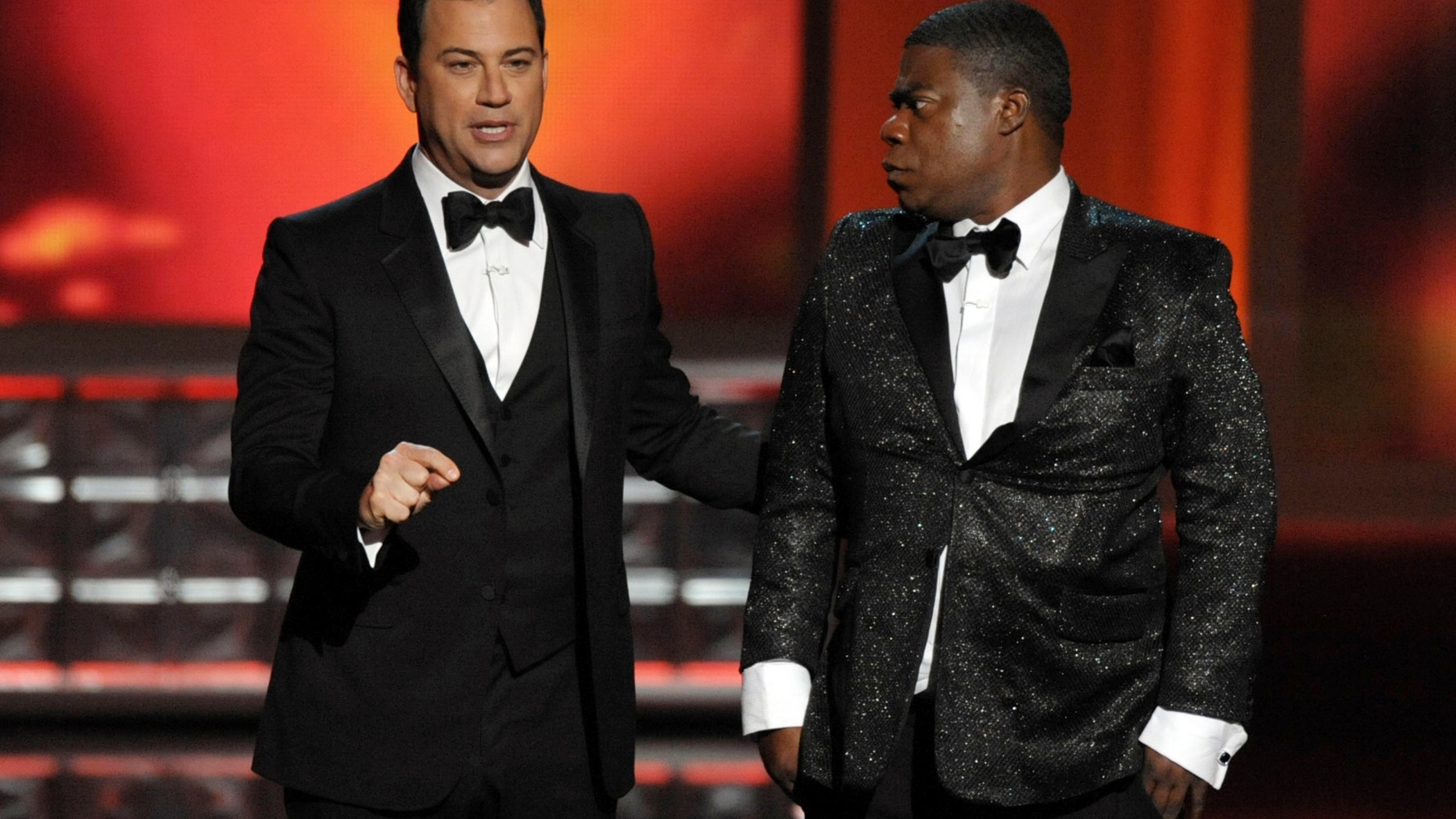 Sept. 23, 2012: Host Jimmy Kimmel, left, and Tracy Morgan perform onstage at the 64th Primetime Emmy Awards at the Nokia Theatre.
