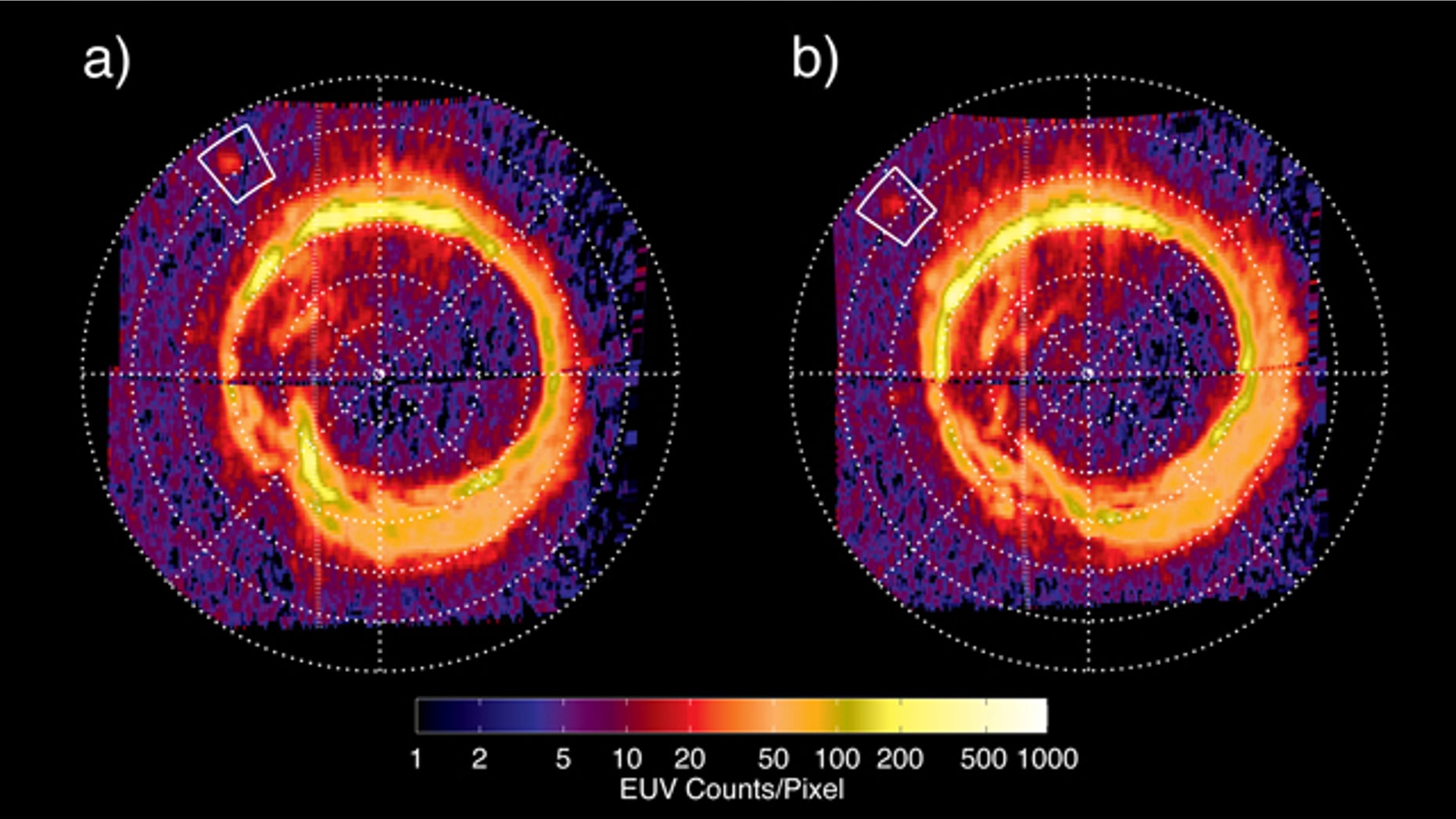 NASA's Cassini spacecraft has spotted a glowing patch of ultraviolet light near Saturn's north pole that marks the presence of an electrical circuit that connects Saturn with its moon Enceladus. This newly discovered patch occurs at the "footprint" of the magnetic connection between Saturn and Enceladus and indicates electrons and ions accelerating along magnetic field lines. White boxes indicate the location of this footprint, which scientists have long predicted but never before seen.