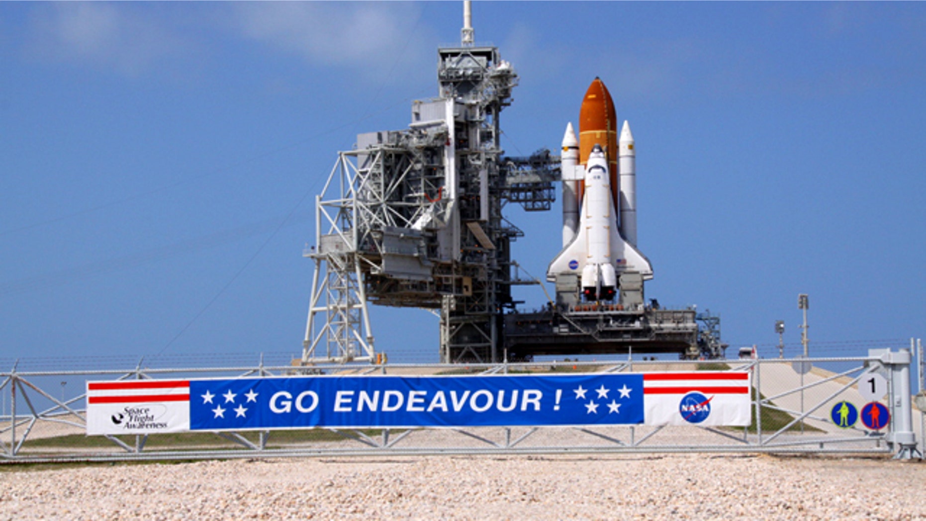 Space shuttle Endeavour glistens in the sun on Launch Pad 39A at NASA's Kennedy Space Center in Florida. The shuttle is launching on its final mission, STS-134, on April 29, 2011.