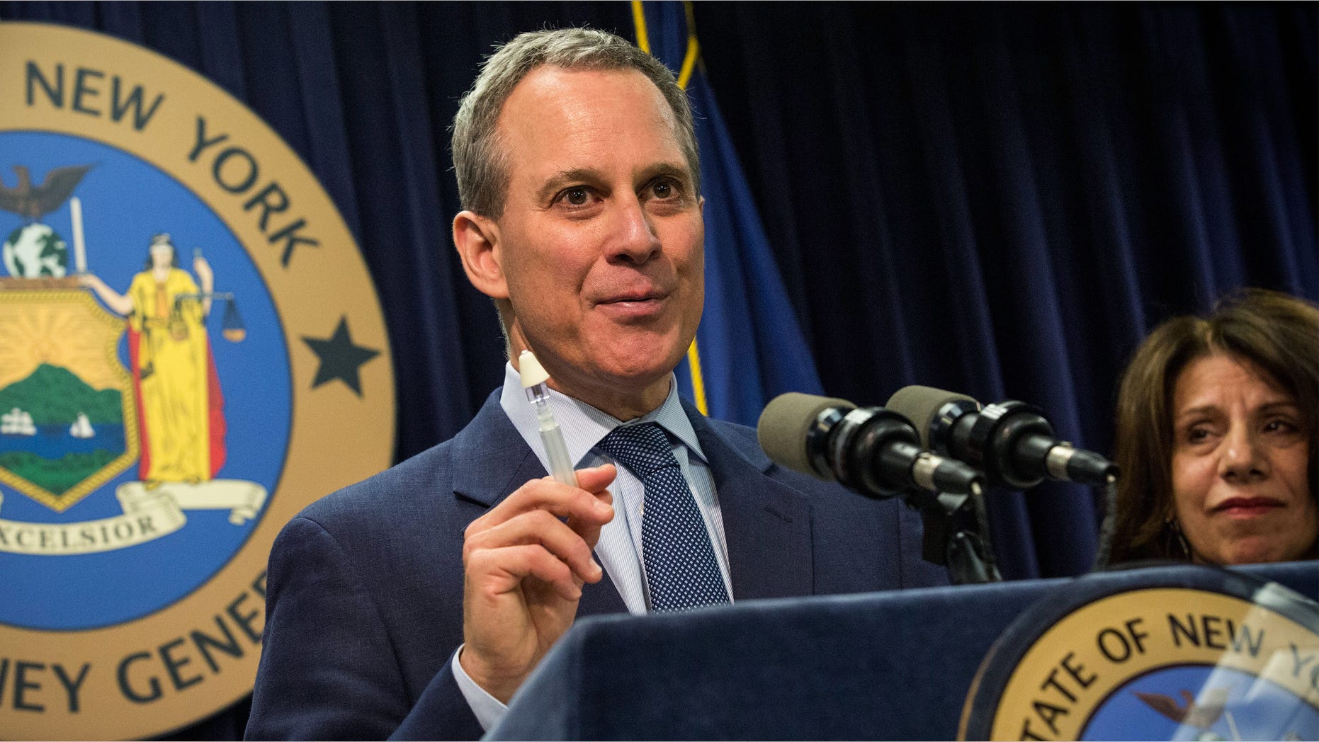 NEW YORK, NY - MAY 27: New York State Attorney General Eric Schneiderman speaks at a press conference about a new community prevention program for heroin overdoses in which New York City police officers will carry kits with Naloxone, an heroin antidote that can reverse the effects of an opioid overdose, on May 27, 2014 in New York City. The New York Police Department is being provided 19,500 kits for officers; the program will begin after officers recieve training. The Naloxone is administered nasally. (Photo by Andrew Burton/Getty Images)