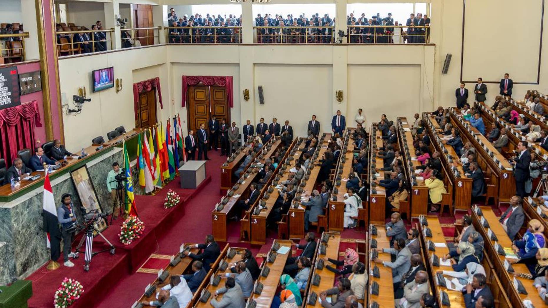 Egyptian President Abdel-Fattah el-Sissi, middle, on the far left table seated, addresses the Ethiopian parliament Wednesday, March 25, 2015, in Addis Ababa Ethiopia. — The leaders of Ethiopia and Egypt said on Tuesday that they are hopeful talks over sharing Nile River waters will end in agreement. Egyptian President Abdel-Fattah el-Sissi told reporters in the Ethiopian capital of Addis Ababa, where he is on an official visit, that Ethiopia and Egypt are "on the right path to cooperation" following the signing of an initial agreement between Sudan, Egypt and Ethiopia. (AP Photo/ Mulugeta Ayene)