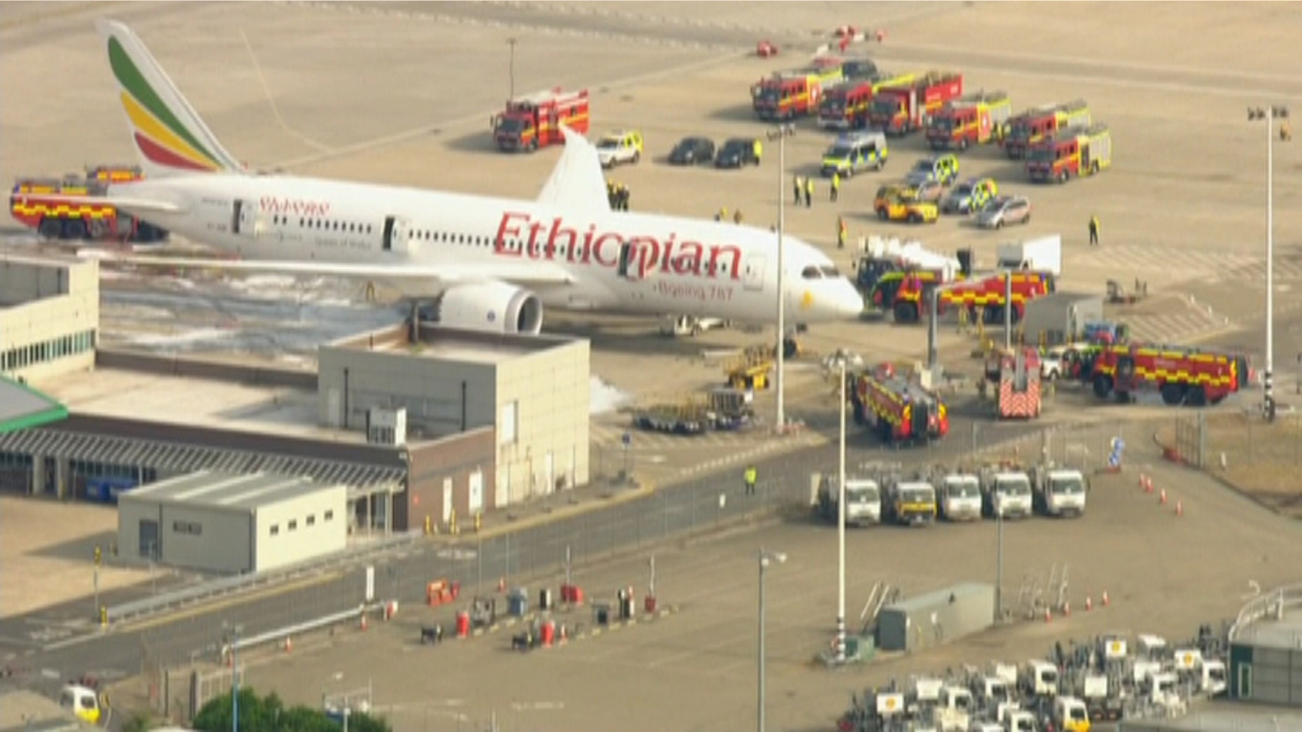 July 12, 2013 - Still taken from SKY NEWS video of emergency workers responding to a fire on an Ethiopian Airlines plane at London's Heathrow Airport. There were no passengers nor crew on board and no injuries were reported.