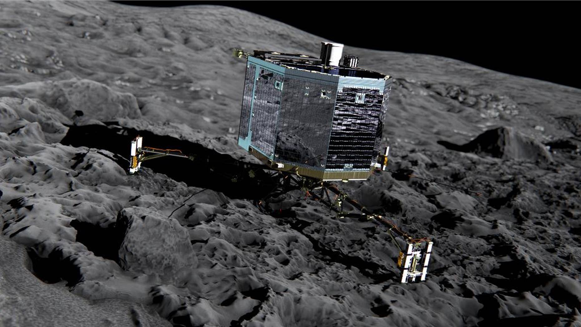 This artist impression from Dec. 2013 by ESA /ATG medialab , publicly provided by the European Space Agency, ESA, shows Rosetta’s lander Philae (front view) on the surface of comet 67P/Churyumov-Gerasimenko. The comet lander Philae has awakened from a seven-month hibernation and managed to communicate with Earth for more than a minute, the European Space Agency said Sunday June 14, 2015. The probe became the first spacecraft to land on a comet when it touched down on the icy surface of 67P/Churyumov-Gerasimenko in November. Shortly after its historic landing, Philae managed to conduct experiments and send data to Earth for about 60 hours before its batteries were depleted and it was forced into hibernation. (ESA/ATG medialab/ESA via AP)