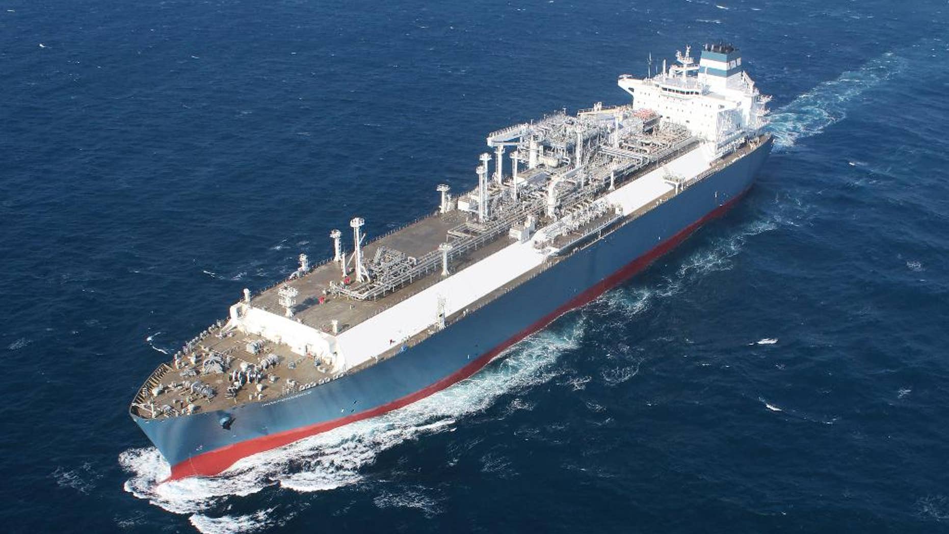 This Jan. 26, 2014 photo provided by Hoegh LNG on Tuesday, April 22, 2014 shows Hoegh's gas vessel 'Independence' during her sea trial. Later this year, the giant ship will slide up to Lithuania’s Baltic port of Klaipeda. The 390-meter (1,300 foot) vessel is bigger than the largest aircraft carrier, but it’s not a warship. The floating natural gas terminal will play a key role in the Baltic region’s struggle to lessen its energy dependence on Russia. (AP Photo/Hoegh LNG)