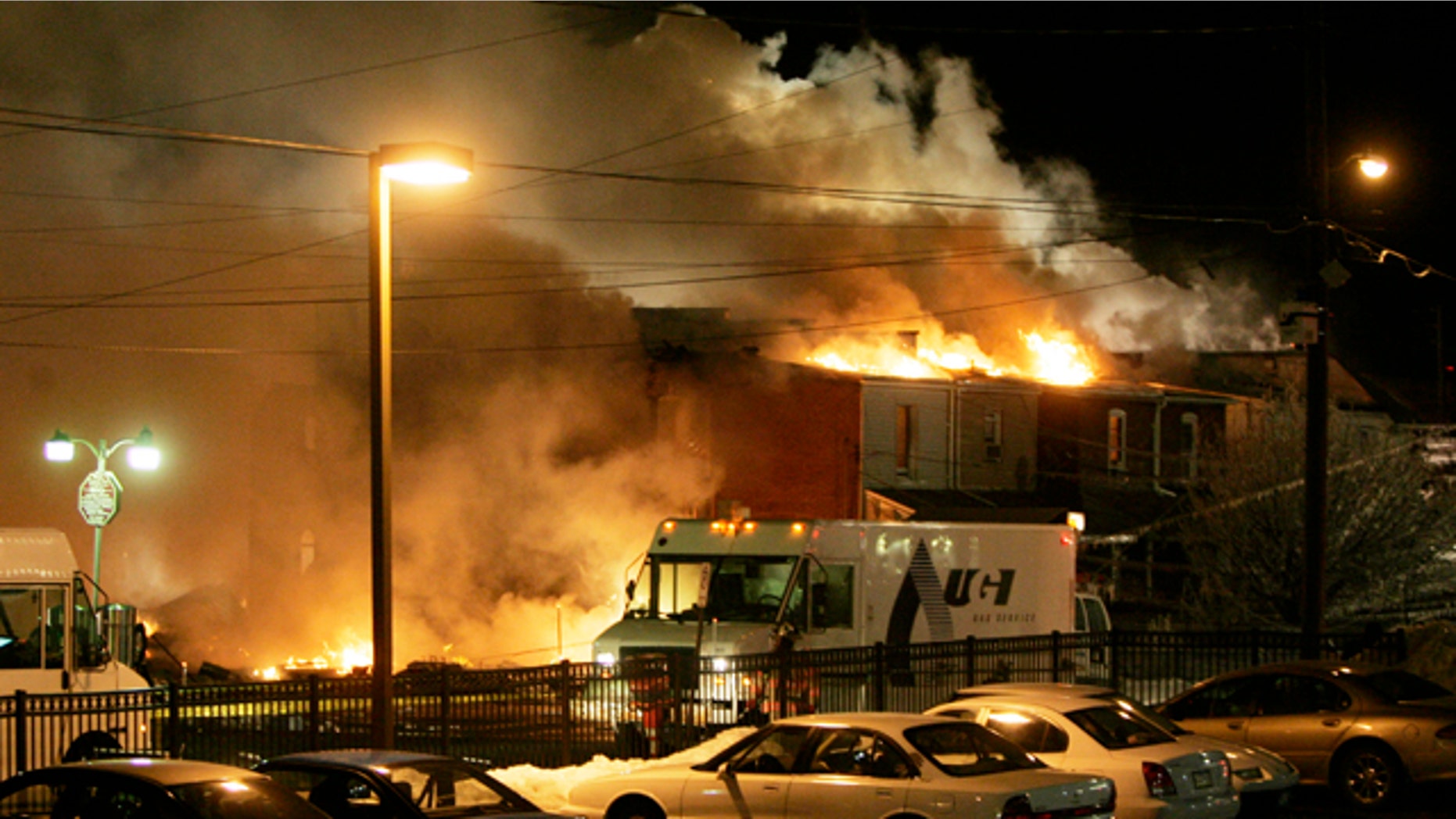 A fire rages out of control after an explosion near the intersection of 13th and Allen Streets in Allentown, Pa., early Thursday Feb. 10, 2011.