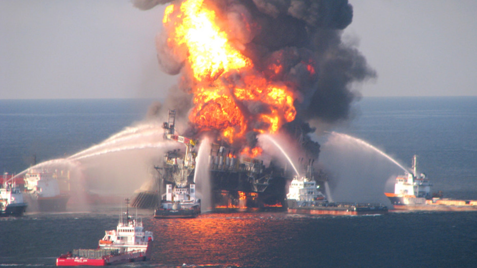April 21, 2010: Fire boat response crews battle the blazing remnants of the offshore oil rig Deepwater Horizon, off Louisiana.