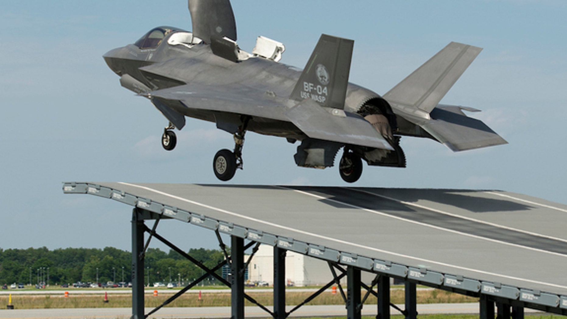An F-35B performs a successful "ski jump" takeoff.