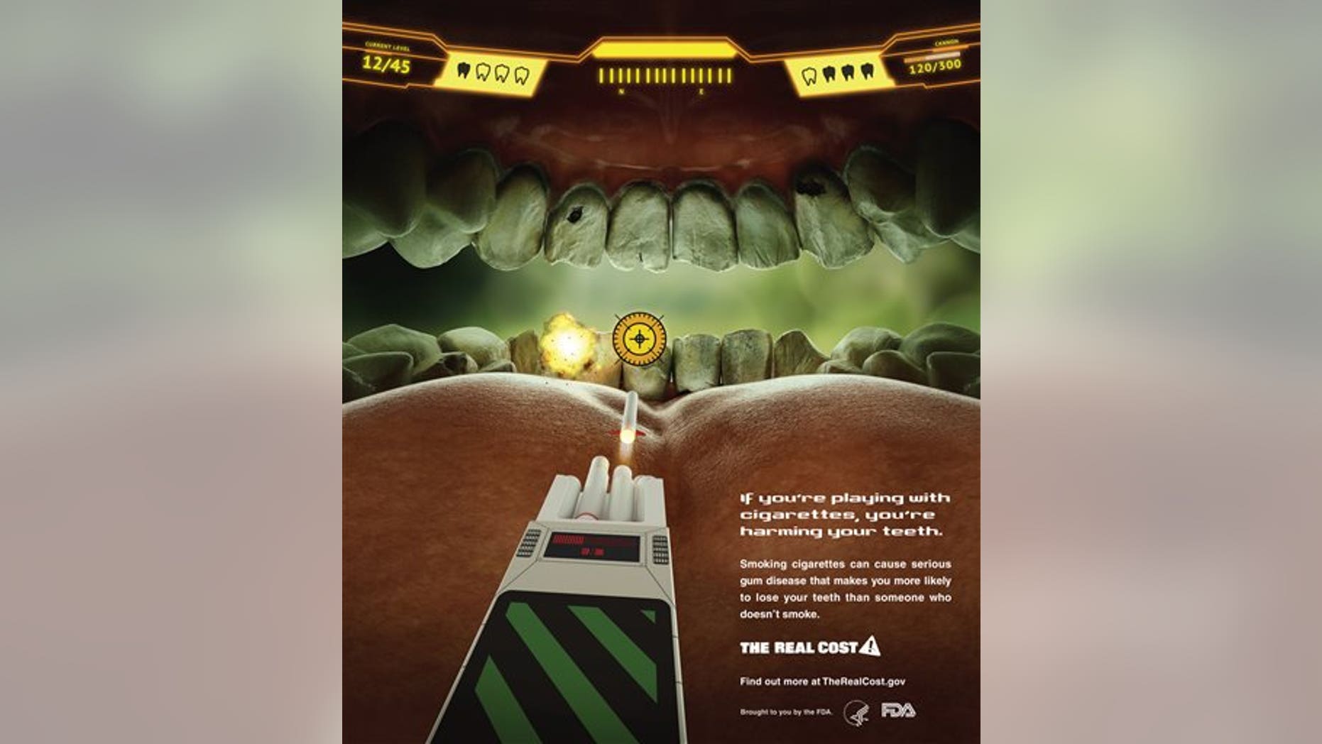 This undated image provided by the Food and Drug Administration shows the federal agency's new ad campaign featuring yellow teeth to show the costs associated with cigarette smoking. The federal agency said Tuesday, Feb. 4, 2014, it is launching a $115 million multimedia education campaign called The Real Cost thats aimed at stopping teenagers from smoking and encouraging them to quit. Advertisements will run in more than 200 markets throughout the U.S. for at least one year beginning Feb. 11. (AP Photo/Food and Drug Administration)
