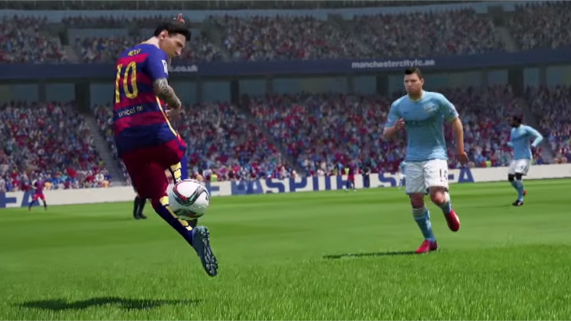Leo Messi's FIFA 16 digital avatar prepares to leave Sergio Agüero in his wake. (Image: Screen grab, EA Sports commercial)