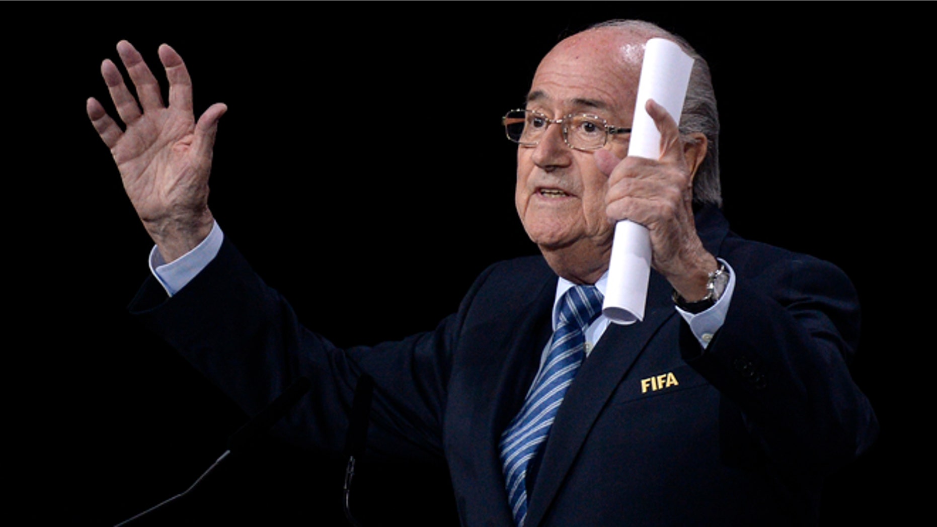 FIFA President Sepp Blatter speaks during the 65th FIFA Congress held at the Hallenstadion in Zurich, Switzerland, Friday, May 29, 2015, where he runs for re-election as FIFA head. (Walter Bieri/Keystone via AP)