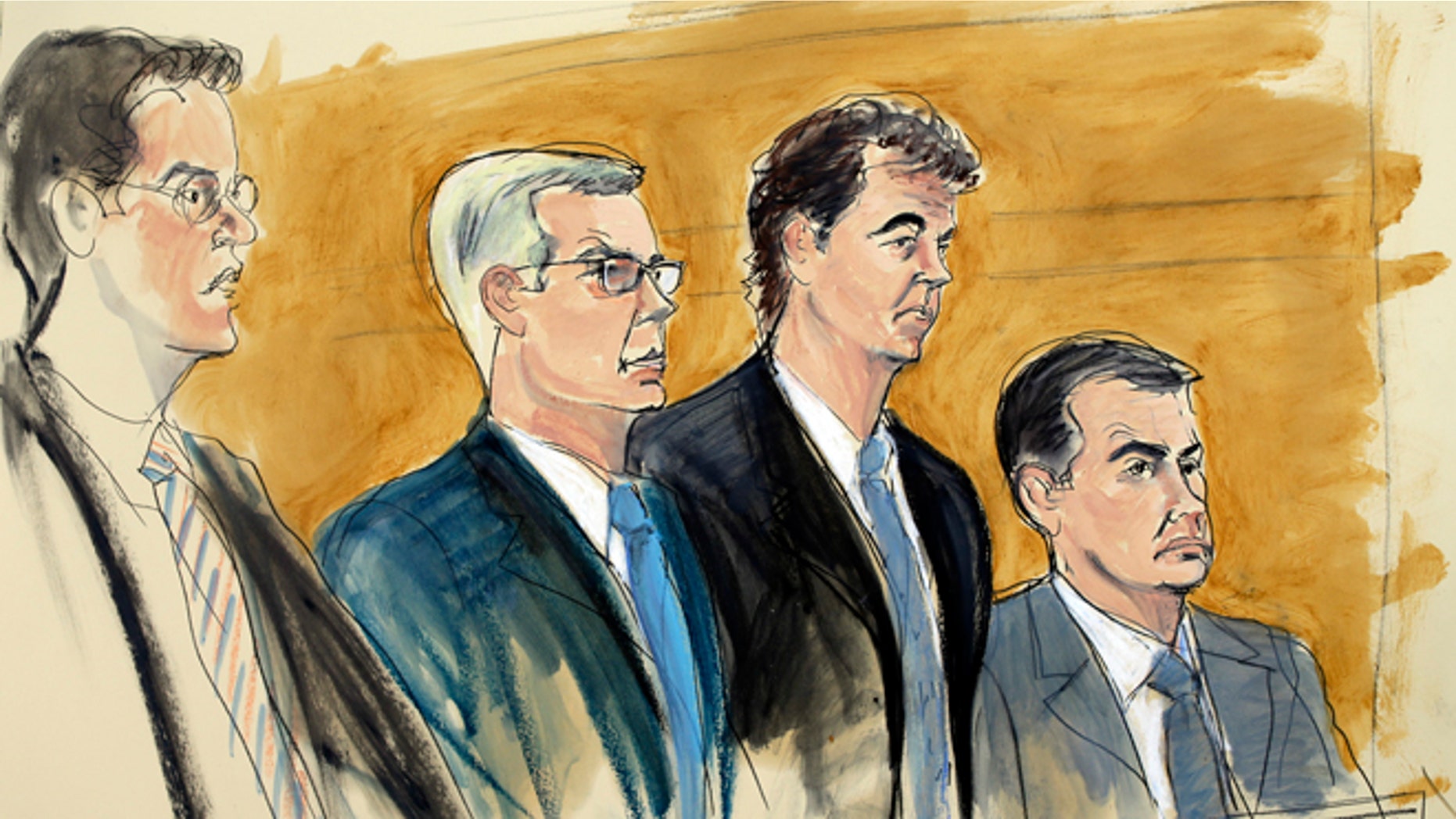 In this courtroom sketch, Alejandro Burzaco, second from right, stands with his attorneys Sean Casey, second from left, and John Couriel, right, and prosecutor Samuel Nitze, left, Friday, July 31, 2015 in federal court in New York. The Argentinian sports marketing executive pleaded not guilty Friday in the massive racketeering and bribery case that has scandalized international soccer. (AP Photo/Elizabeth Williams)