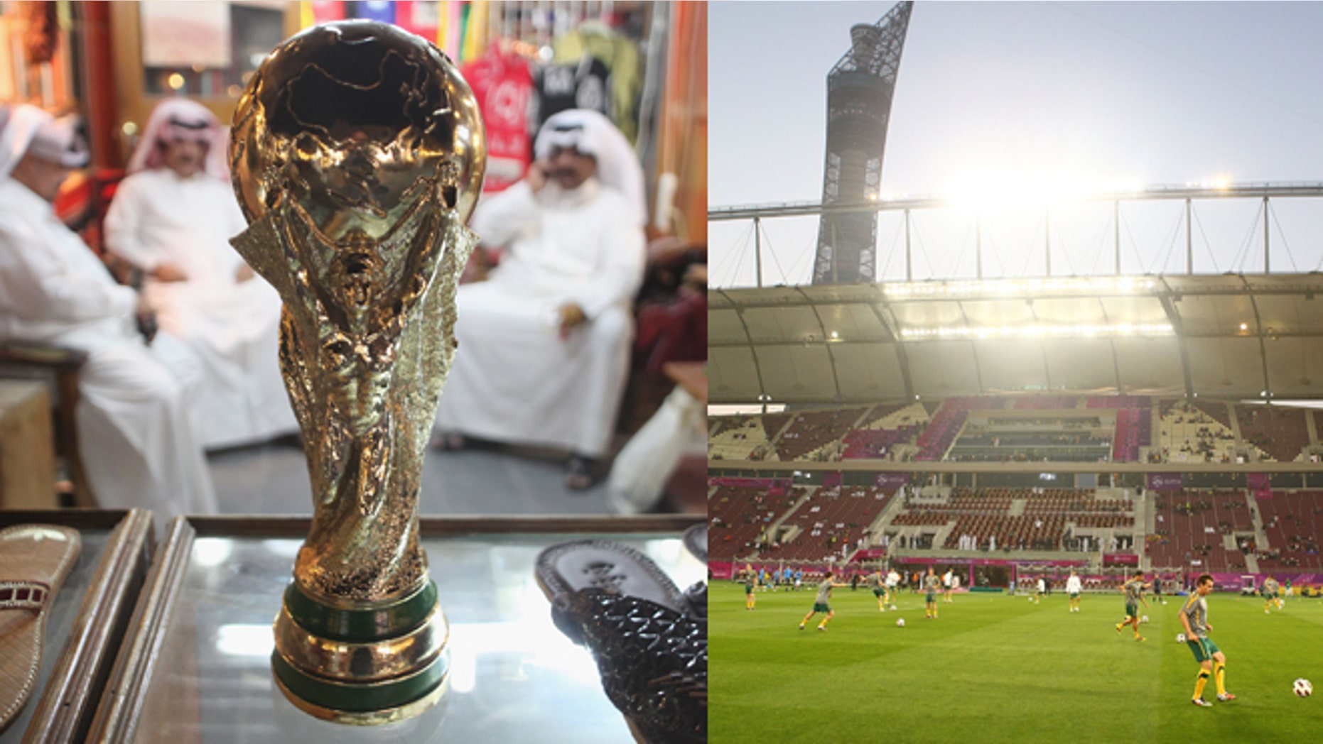 Left: Arab men sit at a shoemaker's stall with a replica of the FIFA World Cup trophy in Doha, Qatar. (Photo by Sean Gallup/Getty Images) Right: Khalifa International Stadium in Doha, Qatar. The average daily temperatures for late June and early July are well over 100 degrees. (Photo by Robert Cianflone/Getty Images)