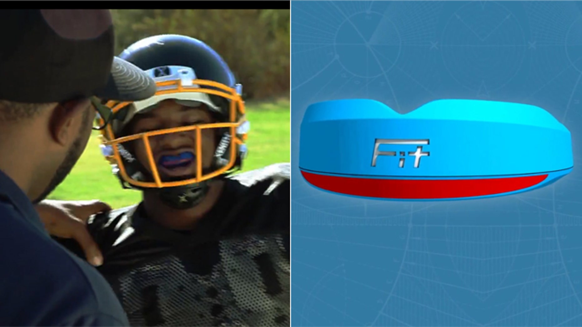 Left, an unidentified athlete outfitted with a FITGuard reports to his coach after a head impact, with the LED lights flashing red. Pictured right is a prototype photo of the FITGuard when it flashes red, signaling a high impact hit.
