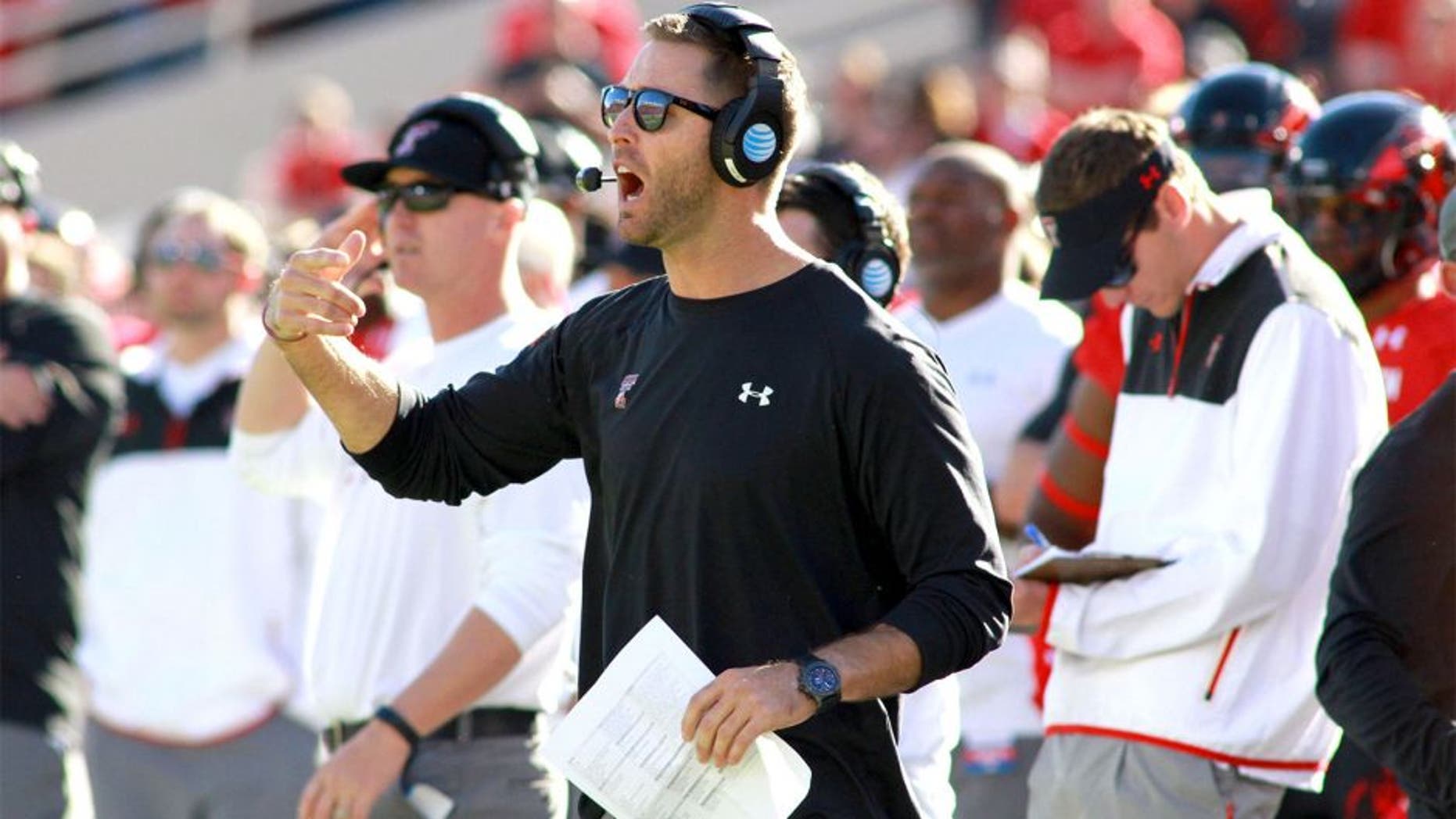Nov 15, 2014; Lubbock, TX, USA; Texas Tech Red Raiders head coach Kliff Kingsbury yells during the game with the Oklahoma Sooners at Jones AT&T Stadium. Mandatory Credit: Michael C. Johnson-USA TODAY Sports