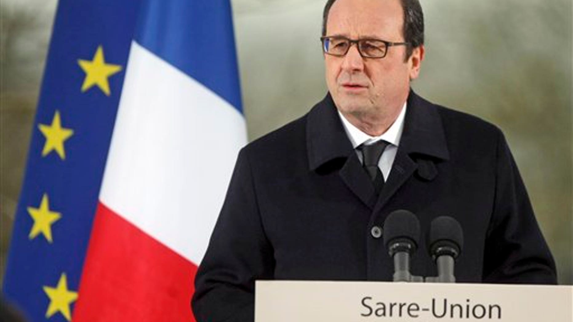 French President Francois Hollande delivers a speech during a ceremony at the Sarre-Union Jewish cemetery, eastern France, Tuesday, Feb. 17, 2015. (AP Photo/Christian Lutz)