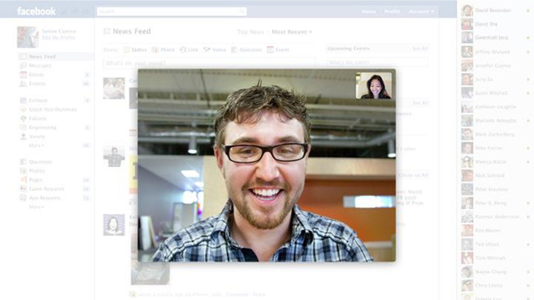 Facebook on Wednesday unveiled face to face video chat, a new feature powered by Internet telephony giant Skype.