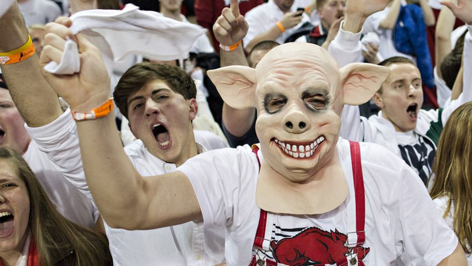 FAYETTEVILLE, AR - JANUARY 14: Fans of the Arkansas Razorbacks celebrate after an overtime win against the Kentucky Wildcats at Bud Walton Arena on January 14, 2014 in Fayetteville, Arkansas. The Razorbacks defeated the Wildcats 87-85. (Photo by Wesley Hitt/Getty Images)