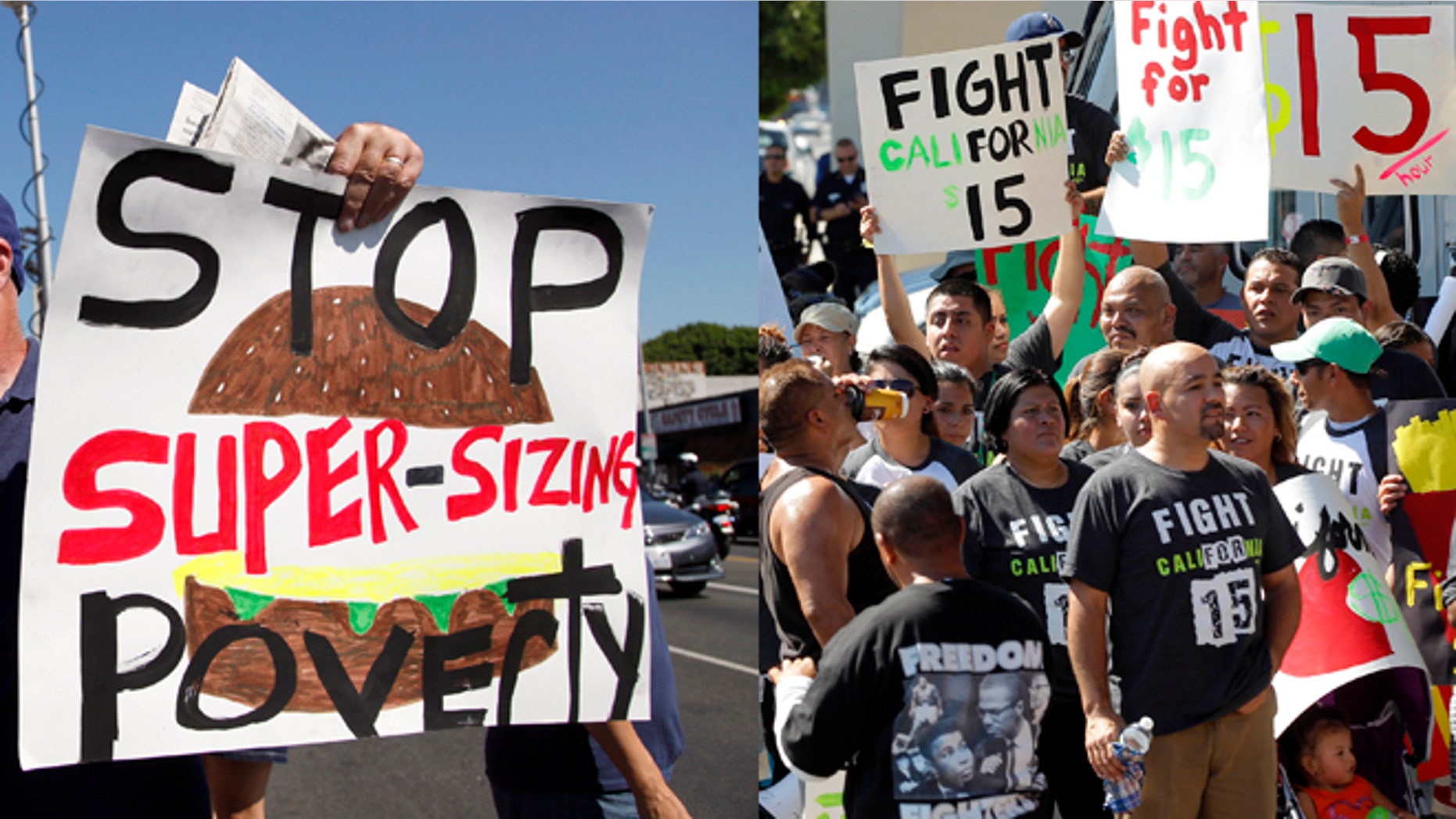 Protestors demonstrate outside a fast food restaurant on Thursday, Aug. 29, 2013, in Los Angeles.