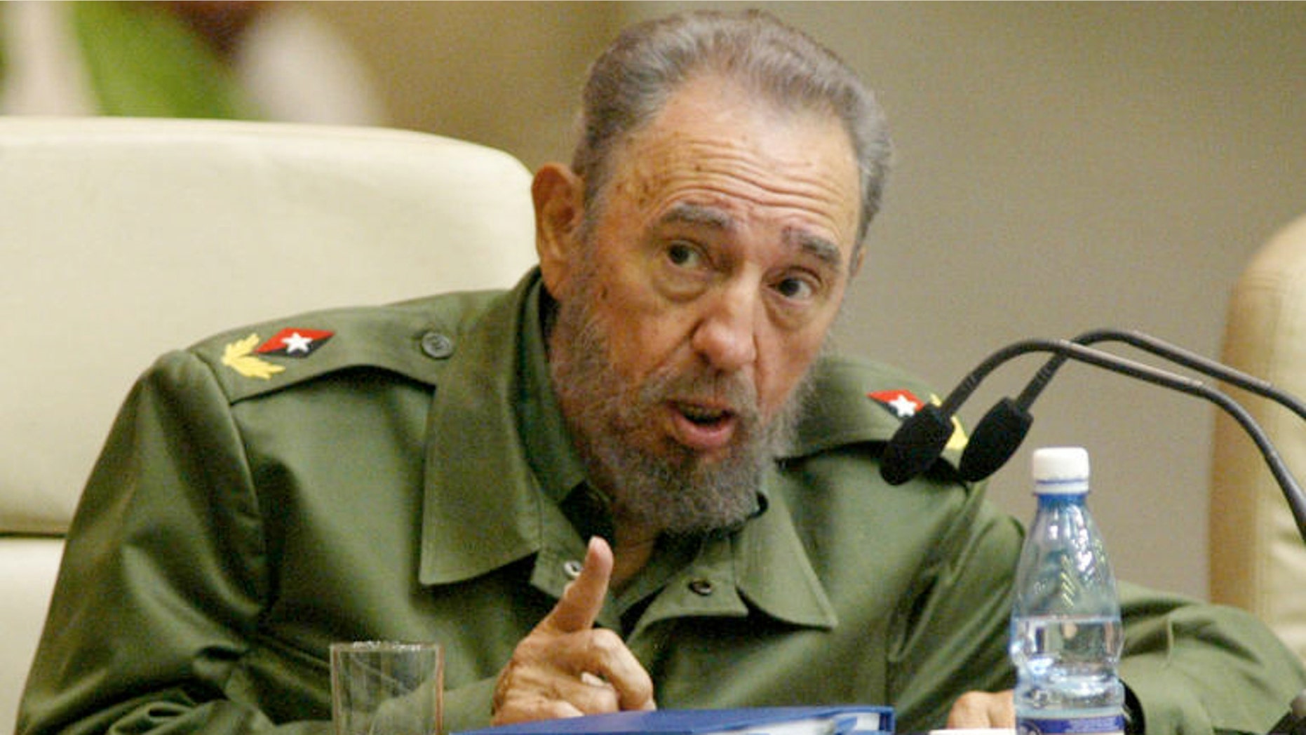 President Fidel Castro attends an anti-terrorism conference in Havana, Cuba, Saturday, June 6, 2005. For decades, participants said, the United States has been behind efforts to suppress leftist movements in Latin America, from the backing of the region's violent, right-wing military dictatorships in the 1970s and 1980s to the current meddling in the politics of liberal-led countries. The policy, they said, has again reared its head with the current handling of a Cuban militant wanted in Venezuela for an airliner bombing _ the issue that spawned the conference, originally a three-day event that host Castro extended to run a fourth day Sunday. (AP Photo/Jorge Rey)