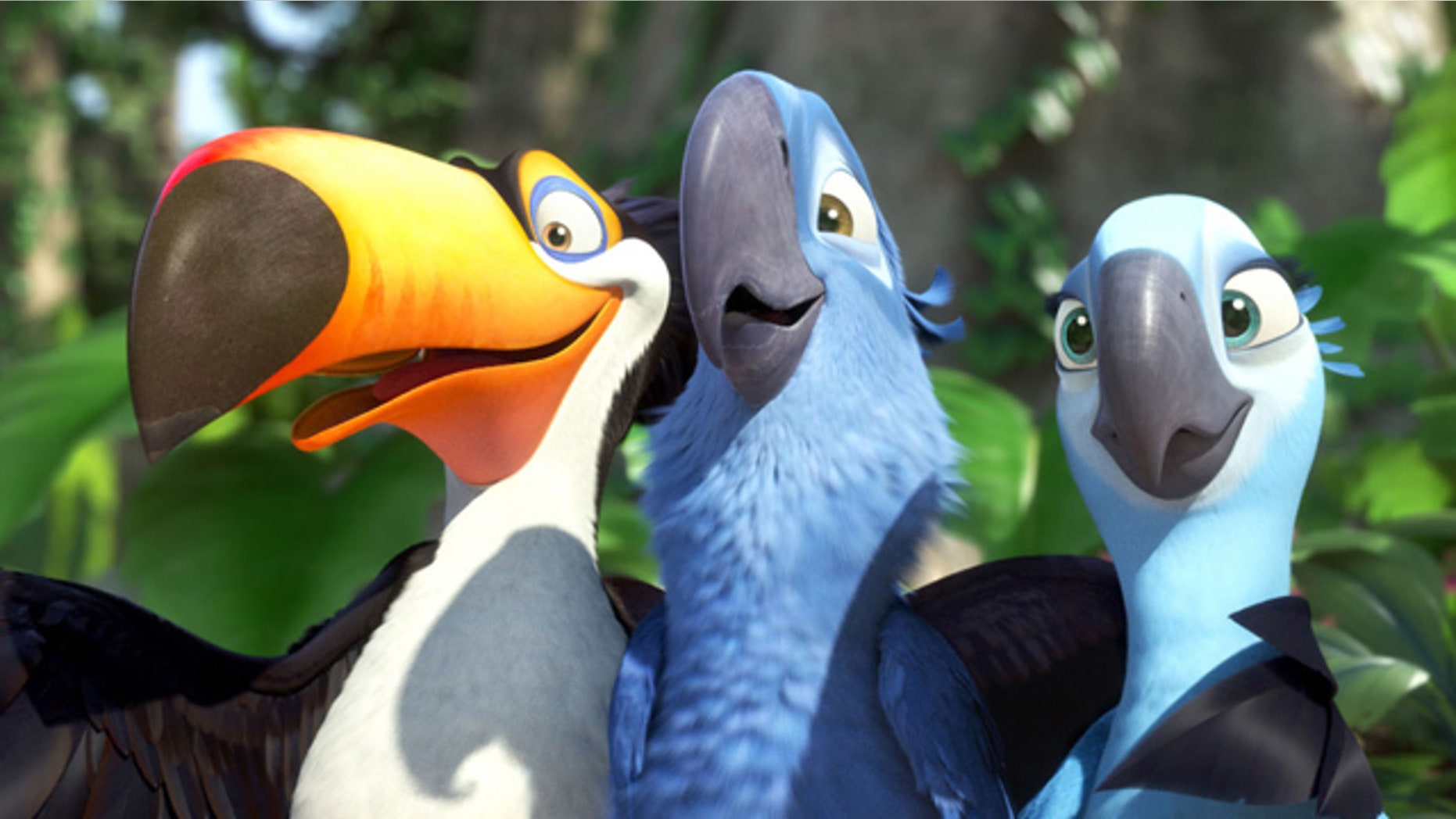 In this publicity image released by 20th Century Fox, animated characters, from left, Raphael, voiced by George Lopez, Blu, voiced by Jesse Eisenberg, and Jewel, voiced by Anne Hathaway, are shown in a scene from "Rio."