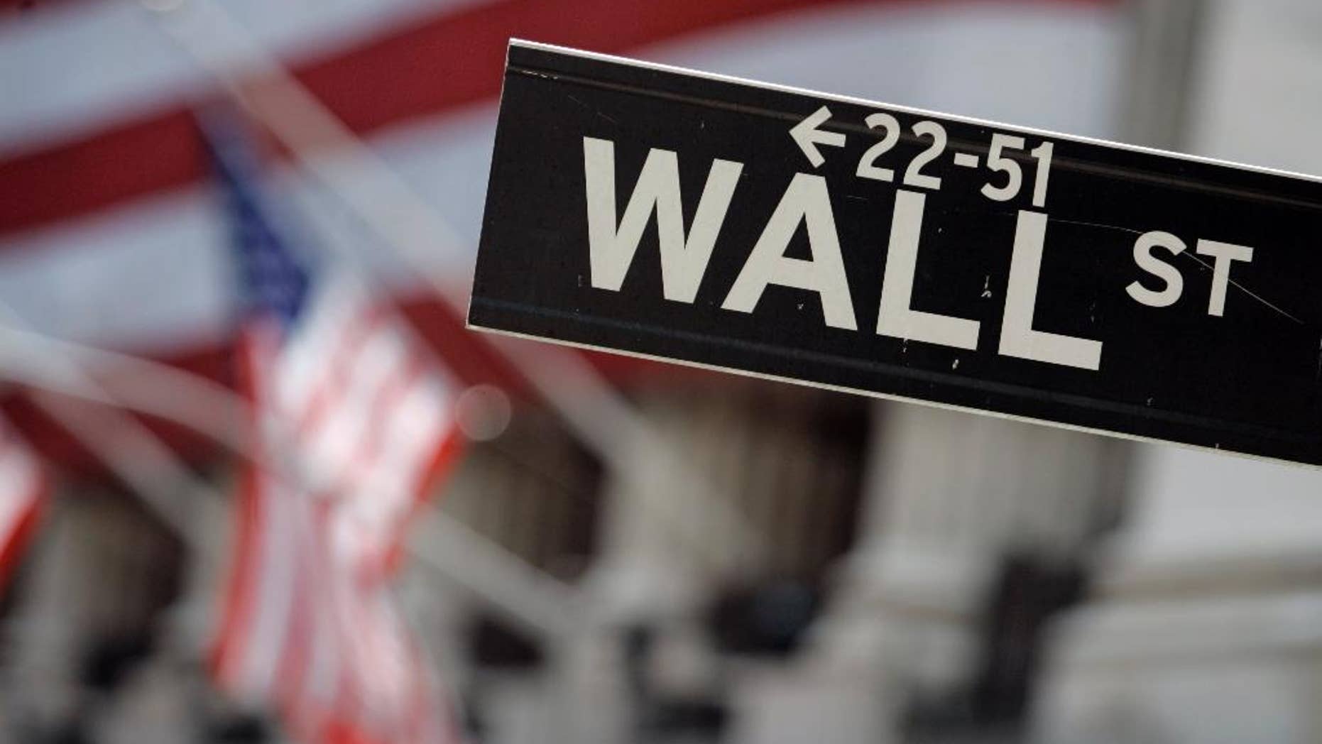 FILE - This May 11, 2007, file photo shows a Wall Street sign near the flag-draped facade of the New York Stock Exchange. Stocks are opening higher Thursday, Nov. 13, 2014, as traders welcome some more positive corporate earnings news. (AP Photo/Richard Drew, File)