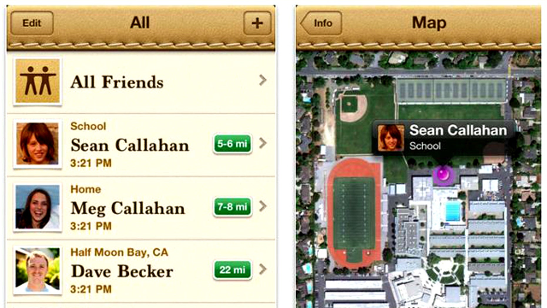 A screenshot of the Find My Friends app from Apple, which helps users to locate friends and family using the built in GPS in their iPhones.
