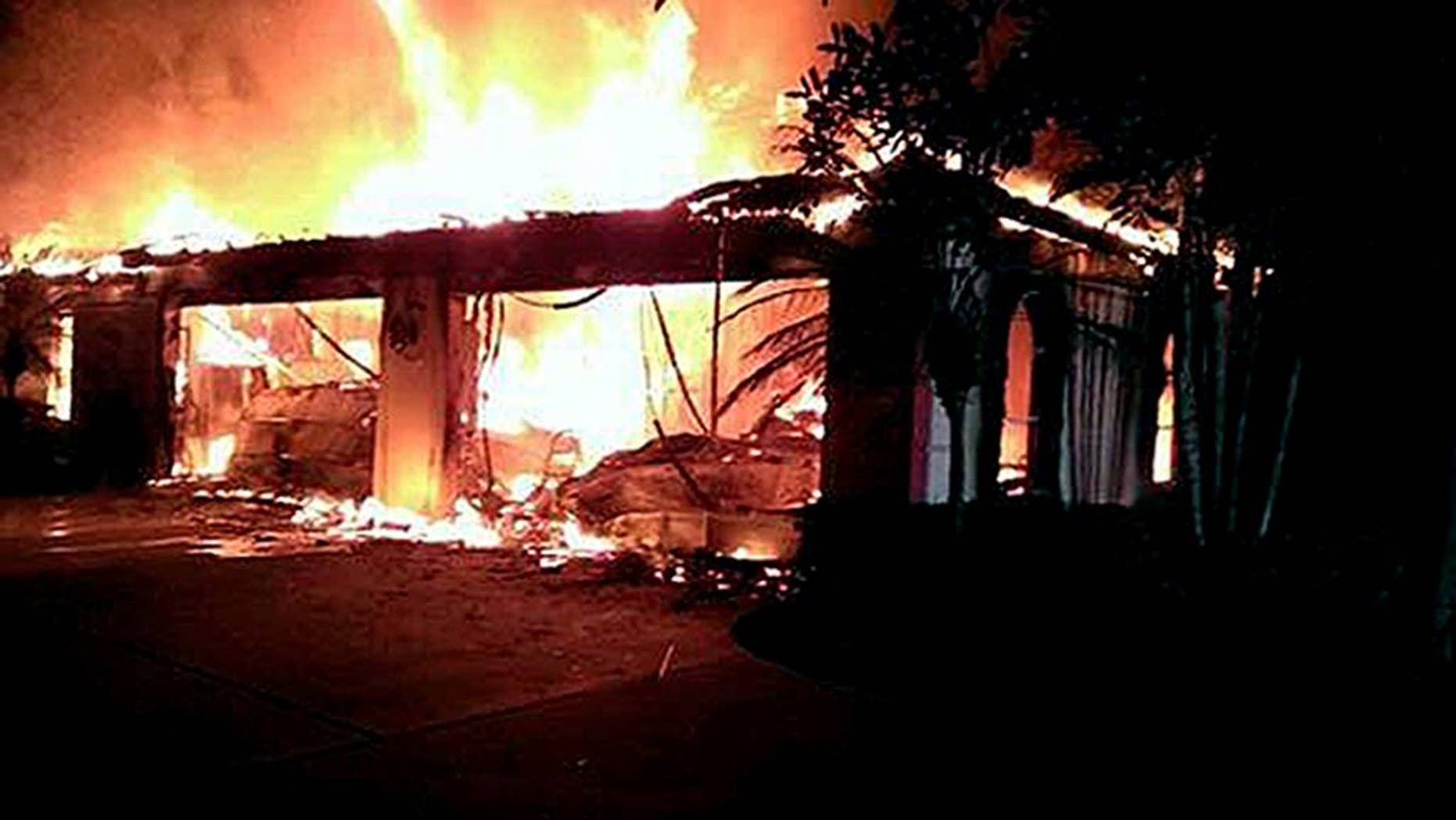 In this photo provided by the Hillsborough County Sheriff's Office, flames destroy a mansion owned by former tennis star James Blake Wednesday May 7, 2014, in a gated community in Tampa, Fla. Officials have confirmed that three bodies have been found in the home. Hillsborough County Sheriff's Spokeswoman Cristal Bermudez Nunez says neighbors have told detectives that Blake hasn't lived in the house for a while and was renting it out. (AP Photo/Hillsborough County Sheriff's Office)