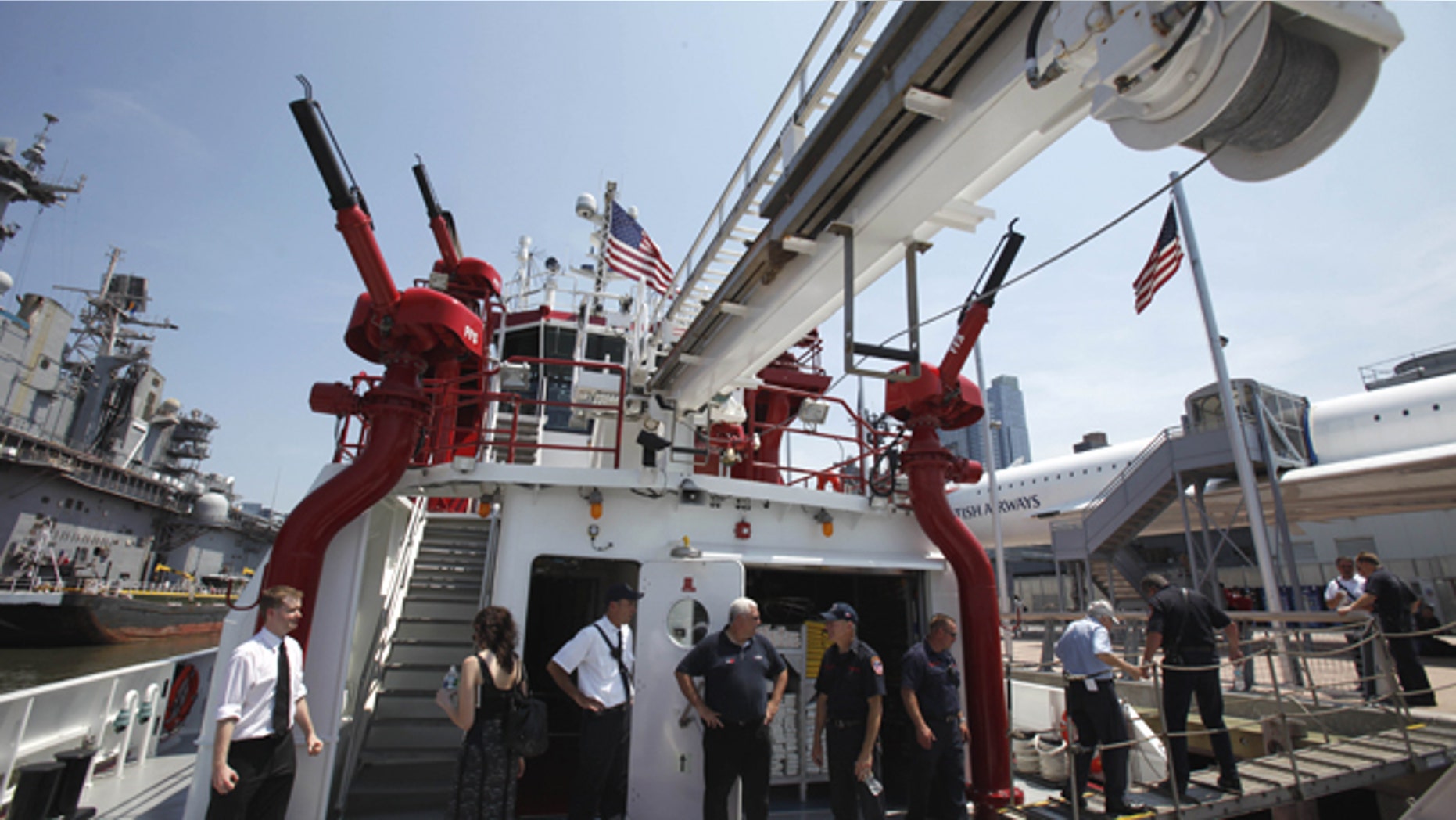The Three Forty Three, a new fireboat, is docked at the Intrepid Museum in New York, Wednesday, May 26, 2010. The $27 million fireboat, fashioned in part from World Trade Center steel, is the city's latest addition to anti-terrorism security and can detect chemical, biological, radiological and nuclear agents.