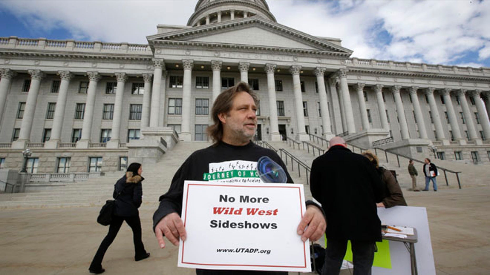 Jan. 27, 2015: Randy Gardner of Salt Lake City, the older brother of Ronnie Lee Gardner, the last inmate to be killed by firing squad in Utah in 2010, protests with a group opposed to capital punishment plans.