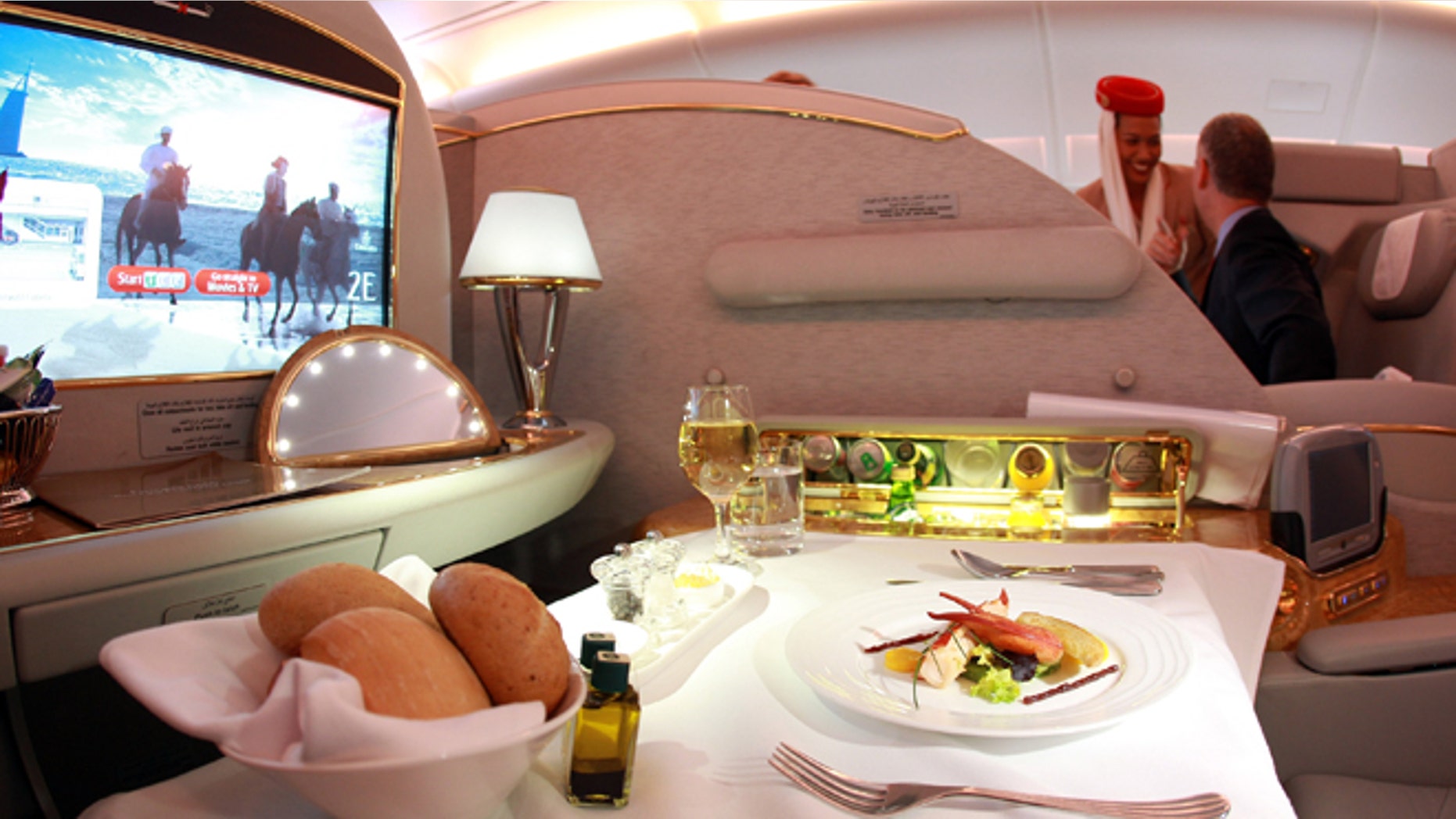 First class seat of Emirates Airbus A380 registration A6-EDP at Munich Airport Franz Joseph Strauss on November 25, 2011 in Munich, Germany. (Photo by Alexander Hassenstein/Getty Images)