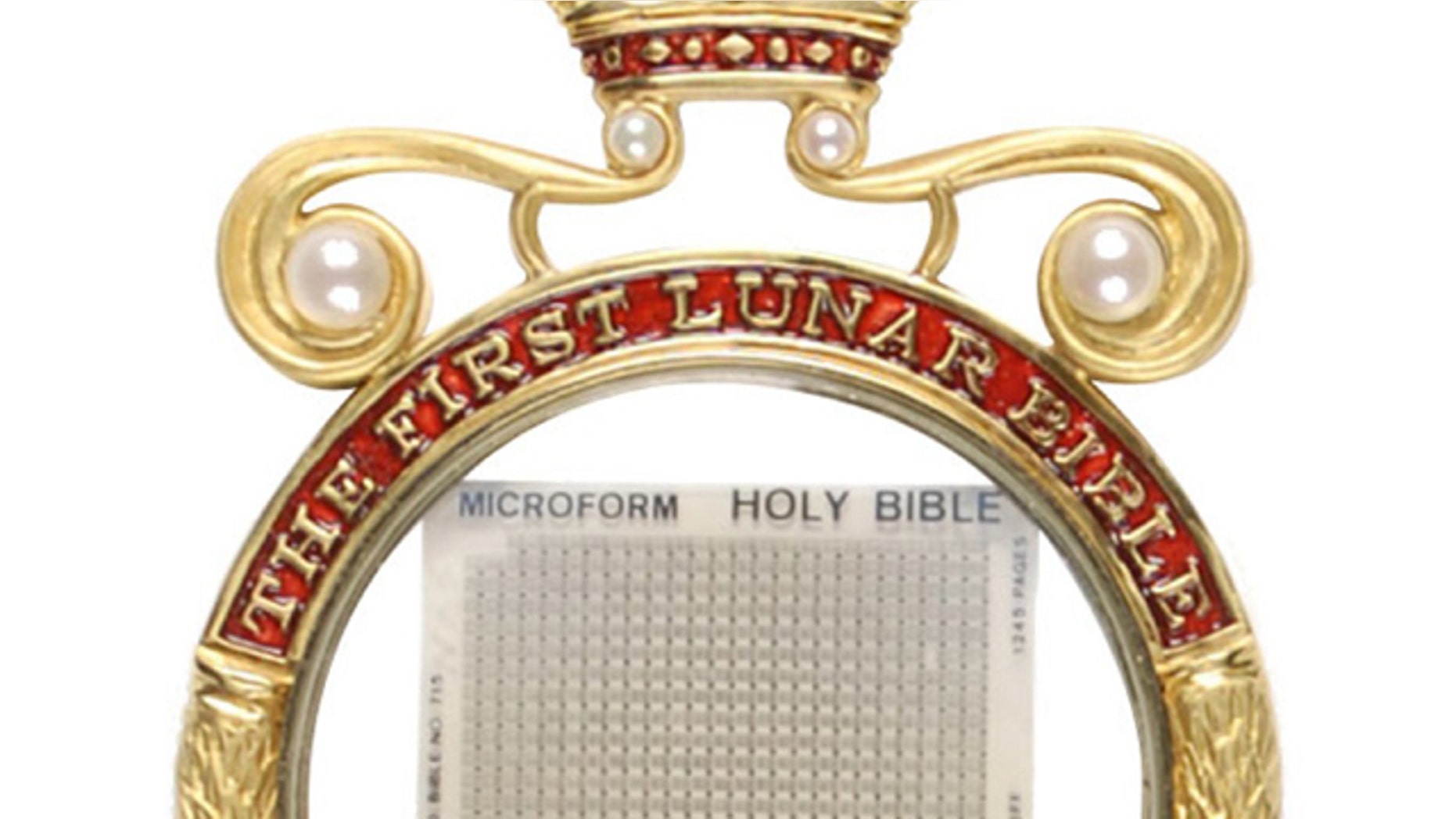 A close-up view of the first bible to land on the moon -- printed in tiny format on microfilm and on sale shortly in an auction of rare space memorabilia.